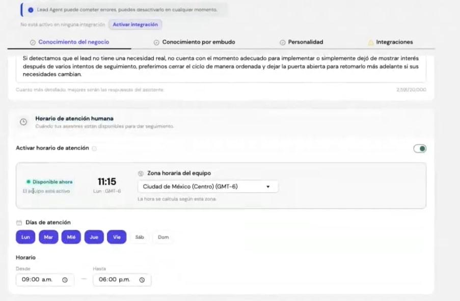 Sección de horario de atención en agente de IA Lead Agent