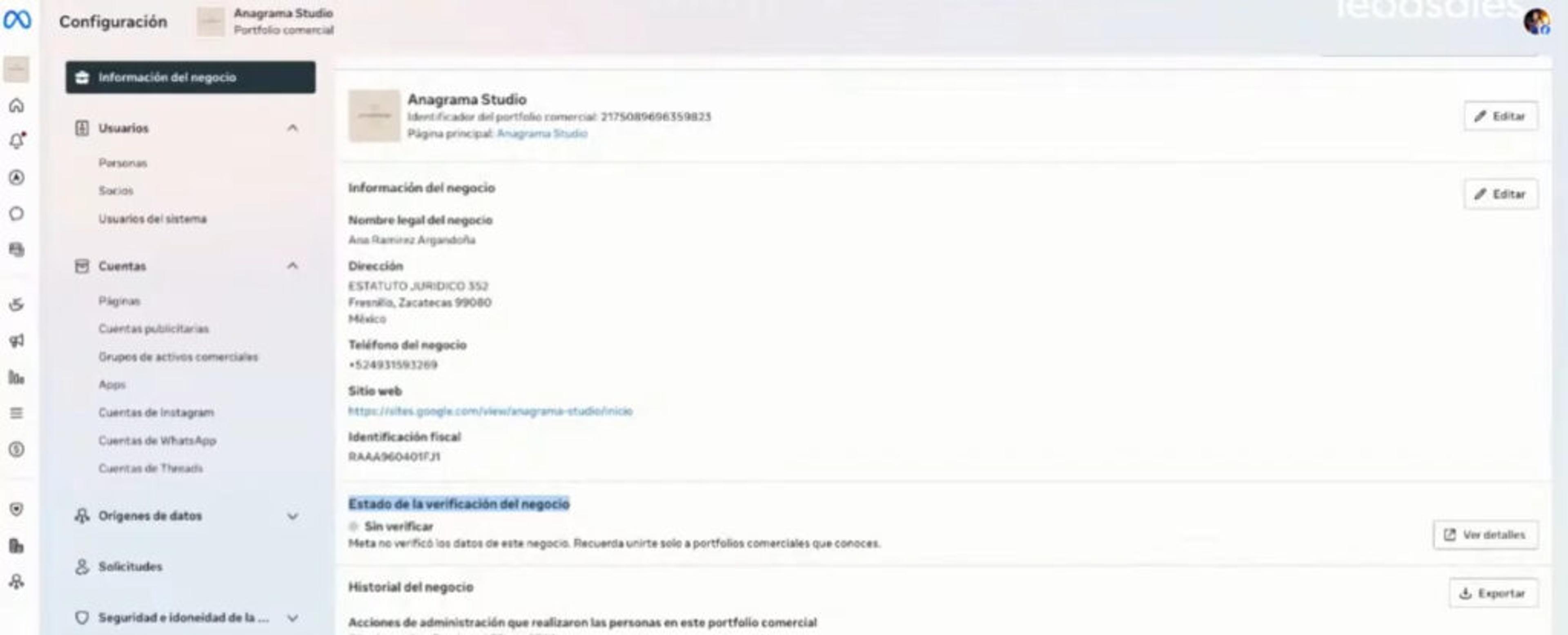 Pantalla de configuración de portafolio comercial de Meta, resaltando Estado de verificación del negocio