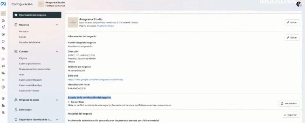 Pantalla de configuración de portafolio comercial de Meta, resaltando Estado de verificación del negocio