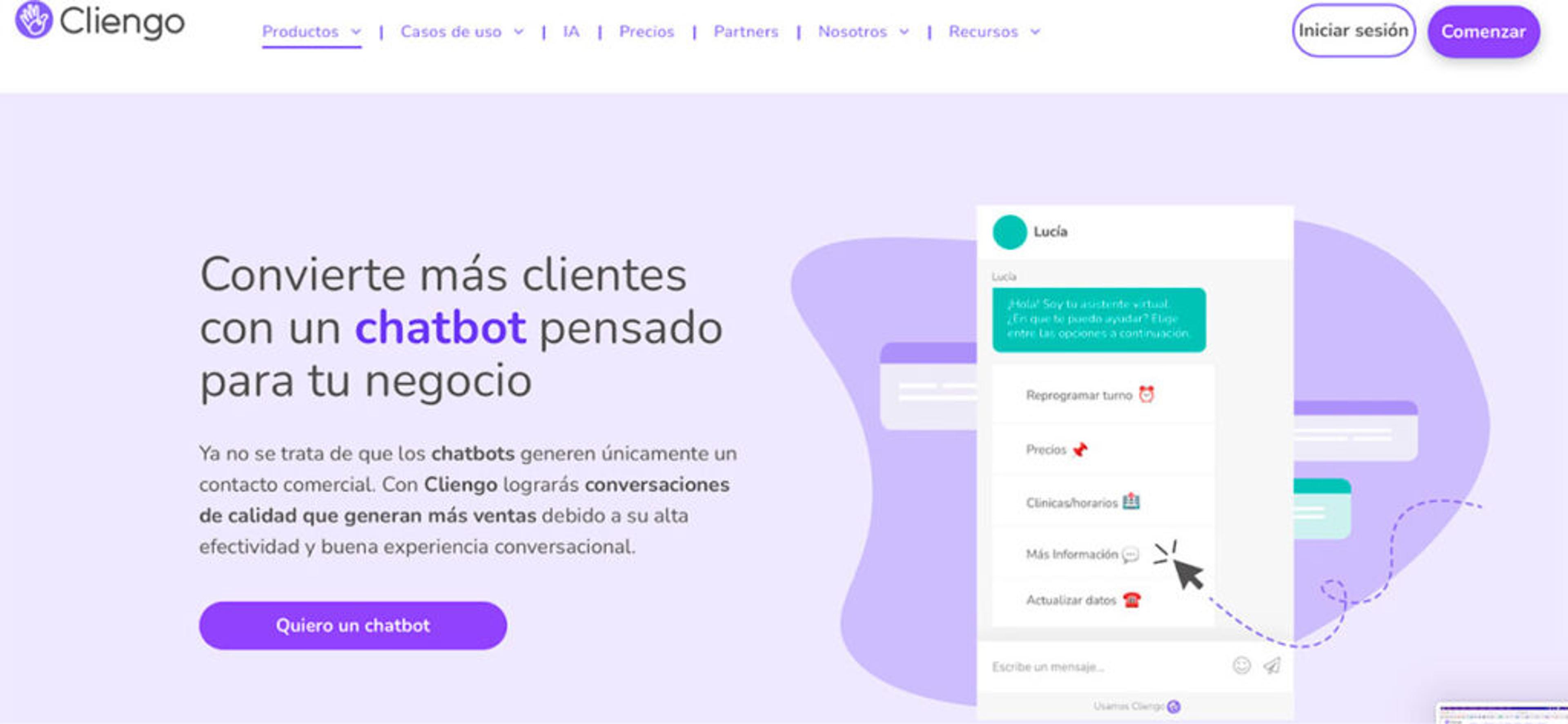 Sitio web de Cliengo, alternativa a Optiwe para captar leads con chatbot 24/7 en WhatsApp y redes