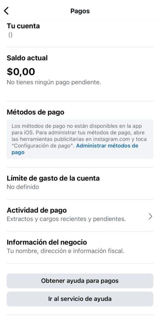 Pantalla de facturación y pago en Instagram