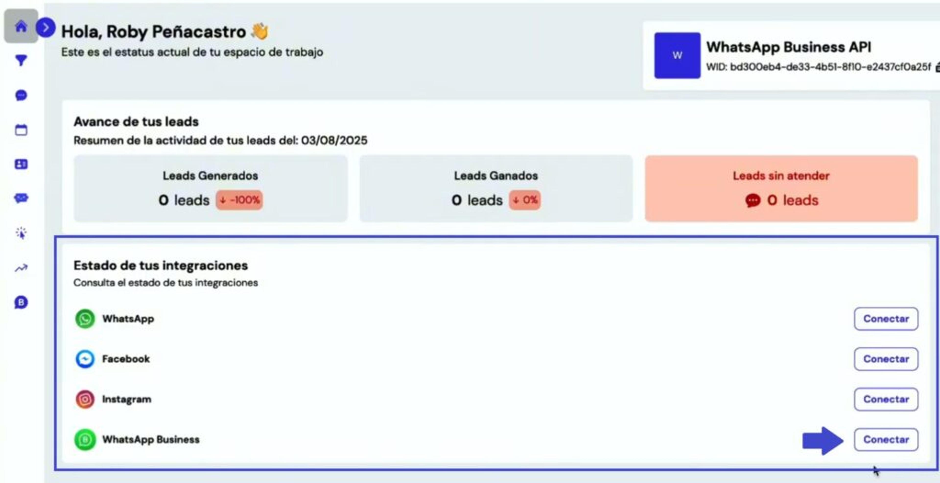 Sección de integraciones en el dashboard de Leadsales indicando botón de conectar WhatsApp Business