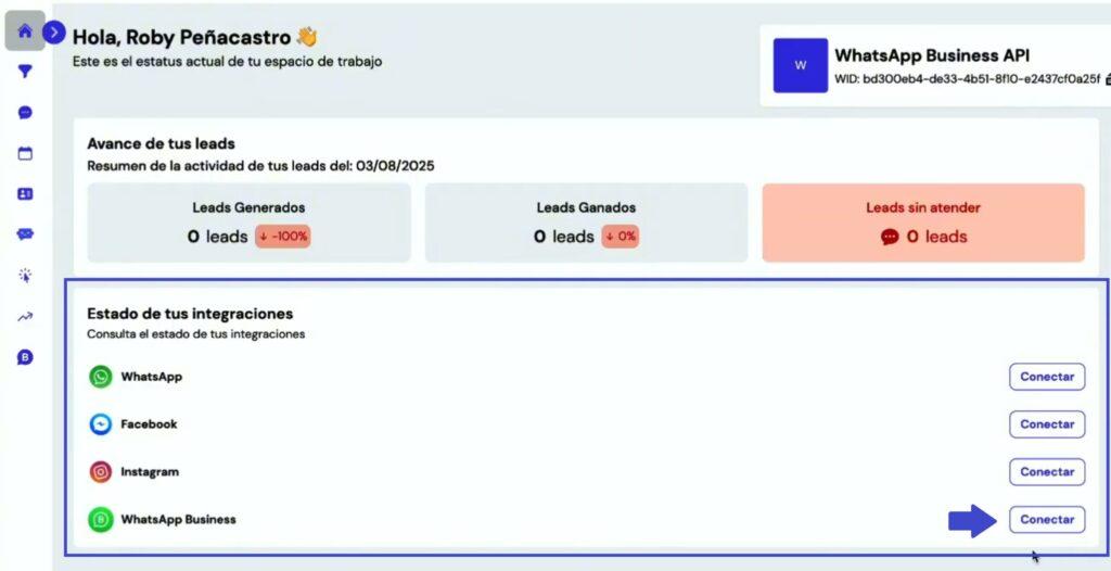 Sección de integraciones en el dashboard de Leadsales indicando botón de conectar WhatsApp Business