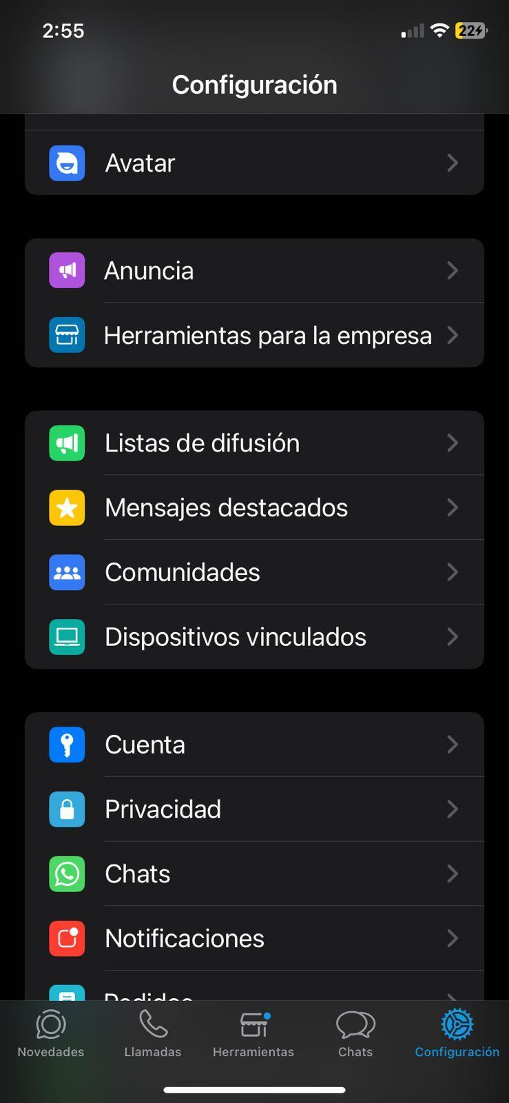 Pantalla de configuración de WhatsApp Business