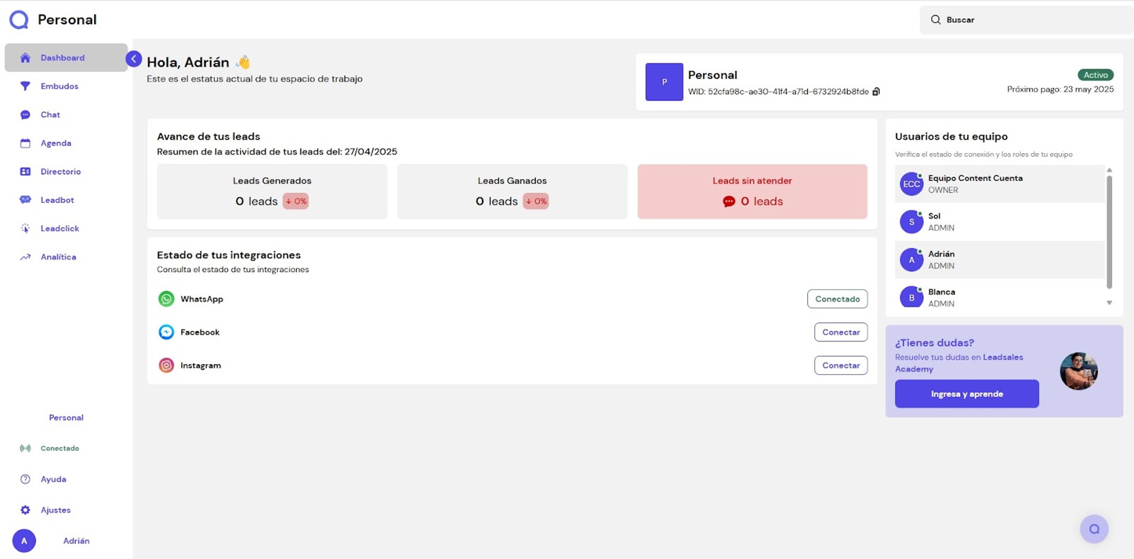 Dashboard inicial de Leadsales CRM