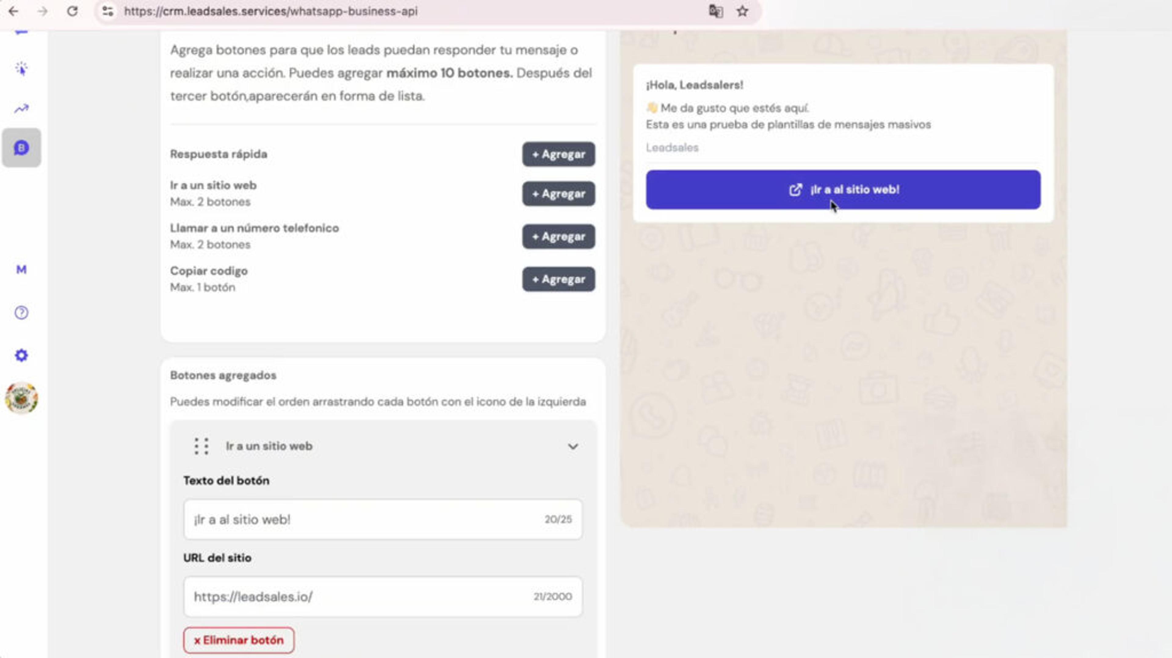 Configuración de un botón para ir a un sitio web en una plantilla de WhatsApp API en Leadsales
