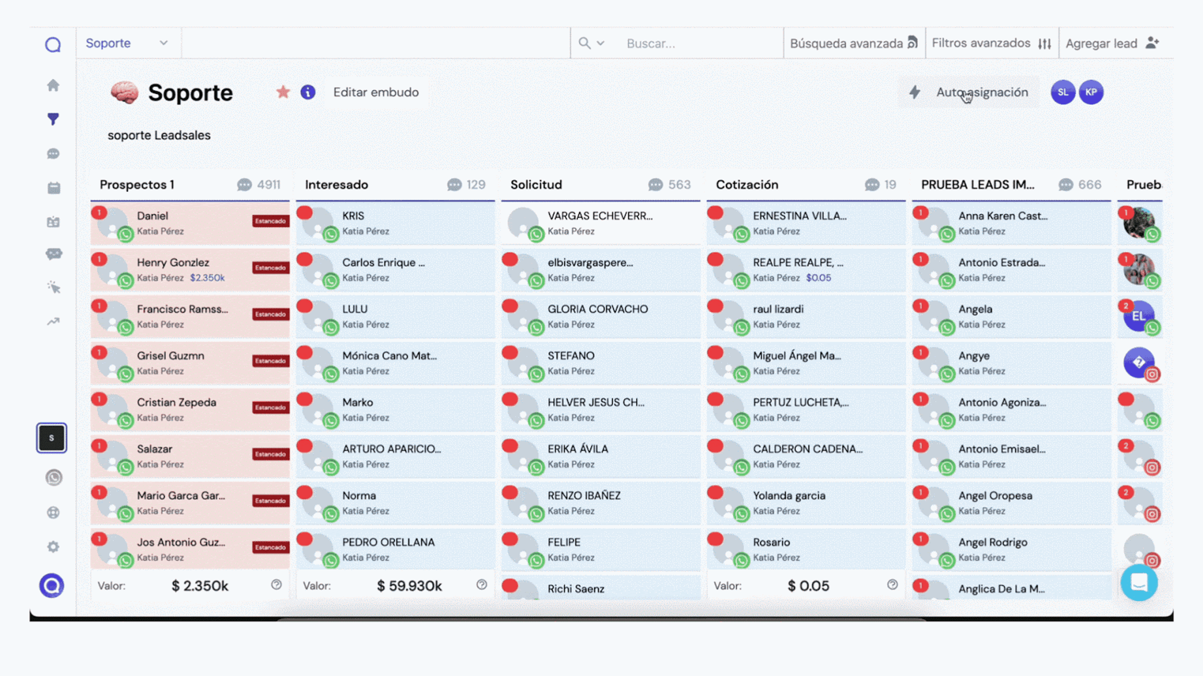 Pantalla de asignación de asesores en Leadsales