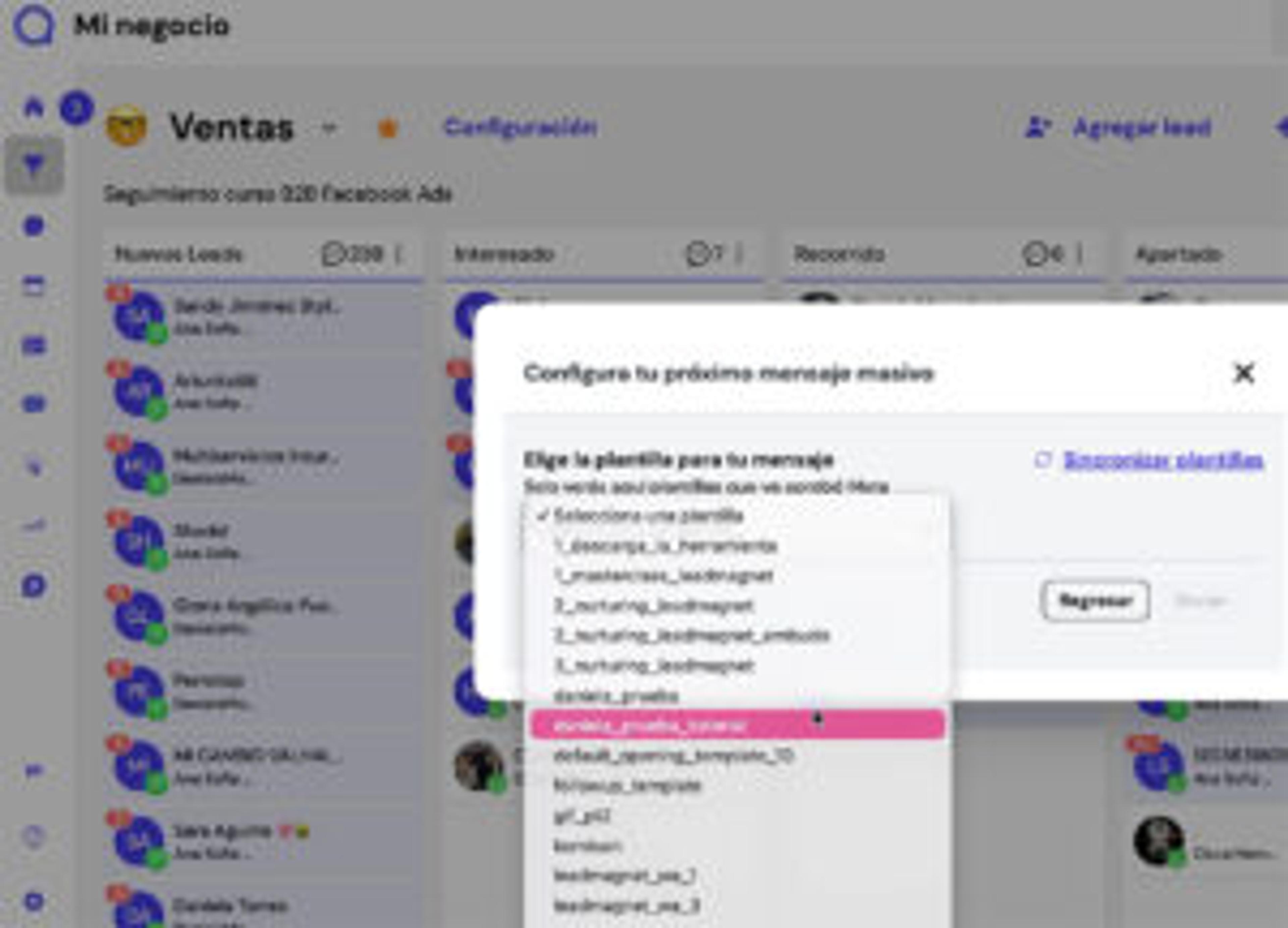 Captura de pantalla del panel principal de Leadsales que muestra el paso 5 para mandar mil mensajes por WhatsApp: elegir la plantilla aprobada