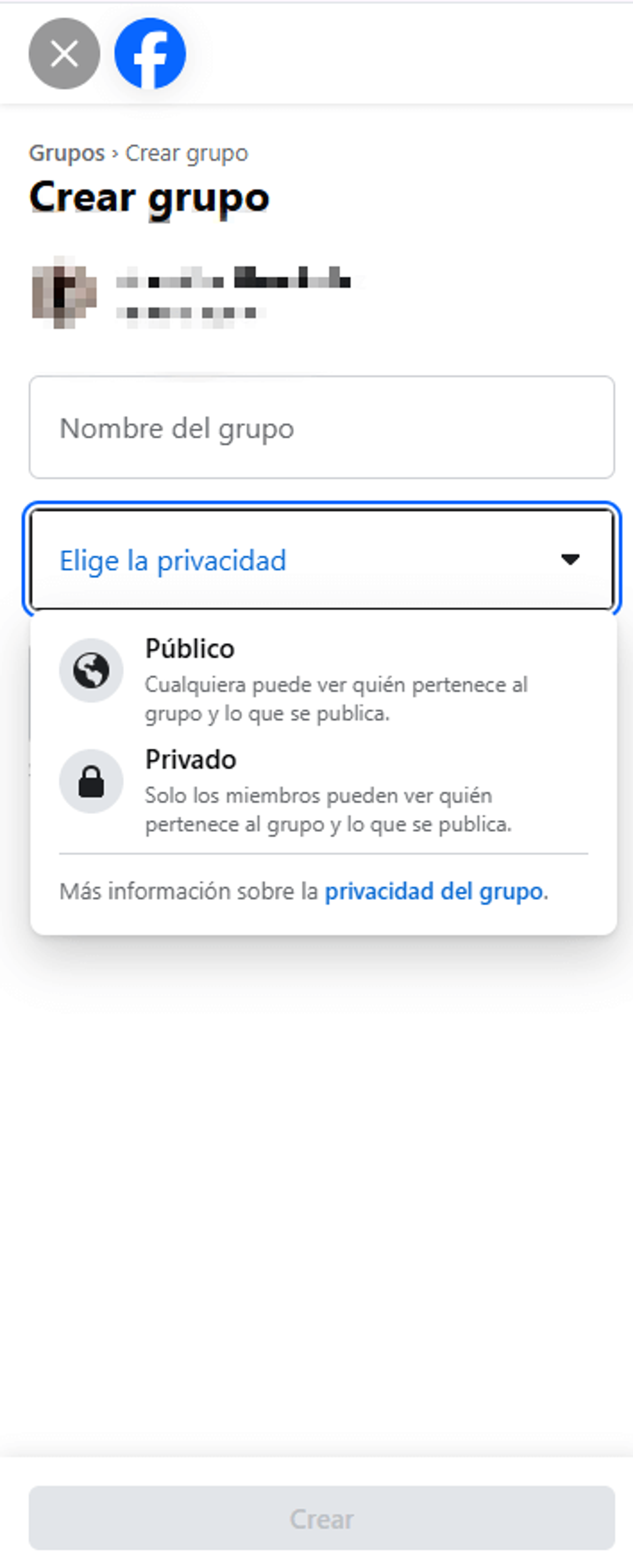 Menú para creación de grupo en Facebook