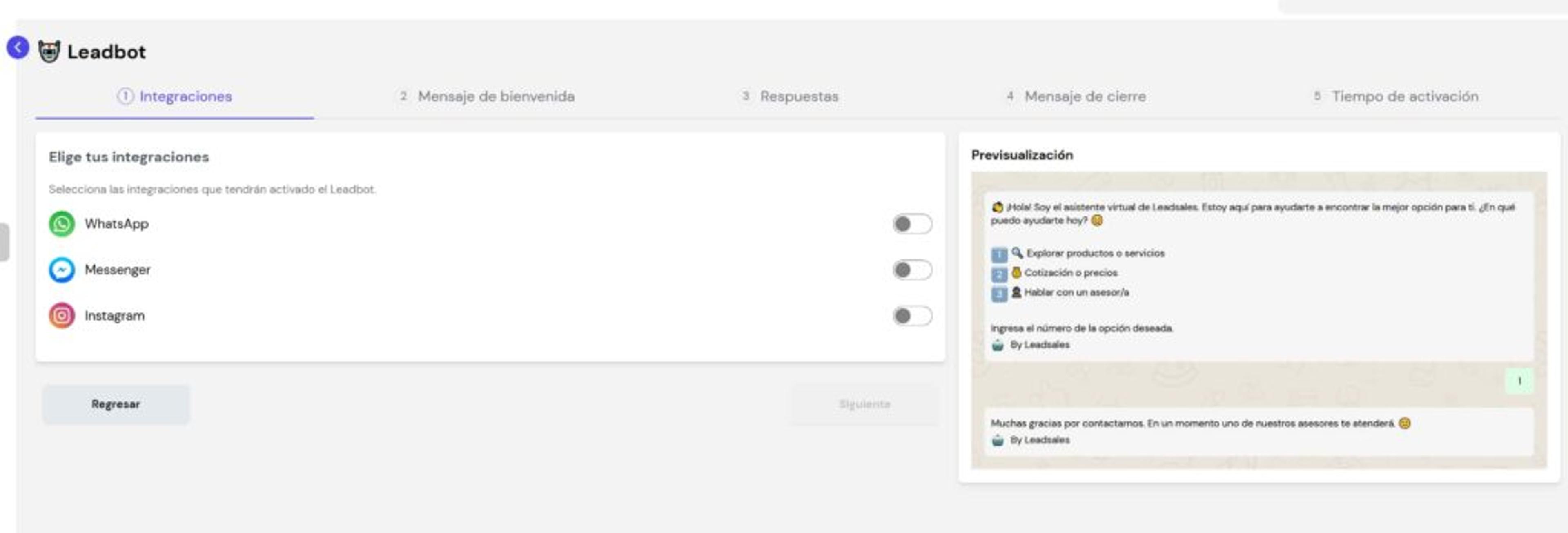 Pantalla de configuración de Leadbot de Leadsales