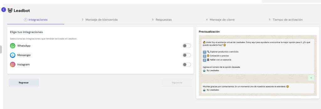 Pantalla de configuración de Leadbot de Leadsales