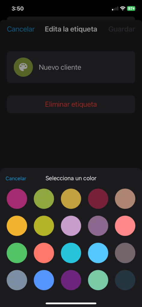 Pantalla para elegir color de etiqueta en WhatsApp Business
