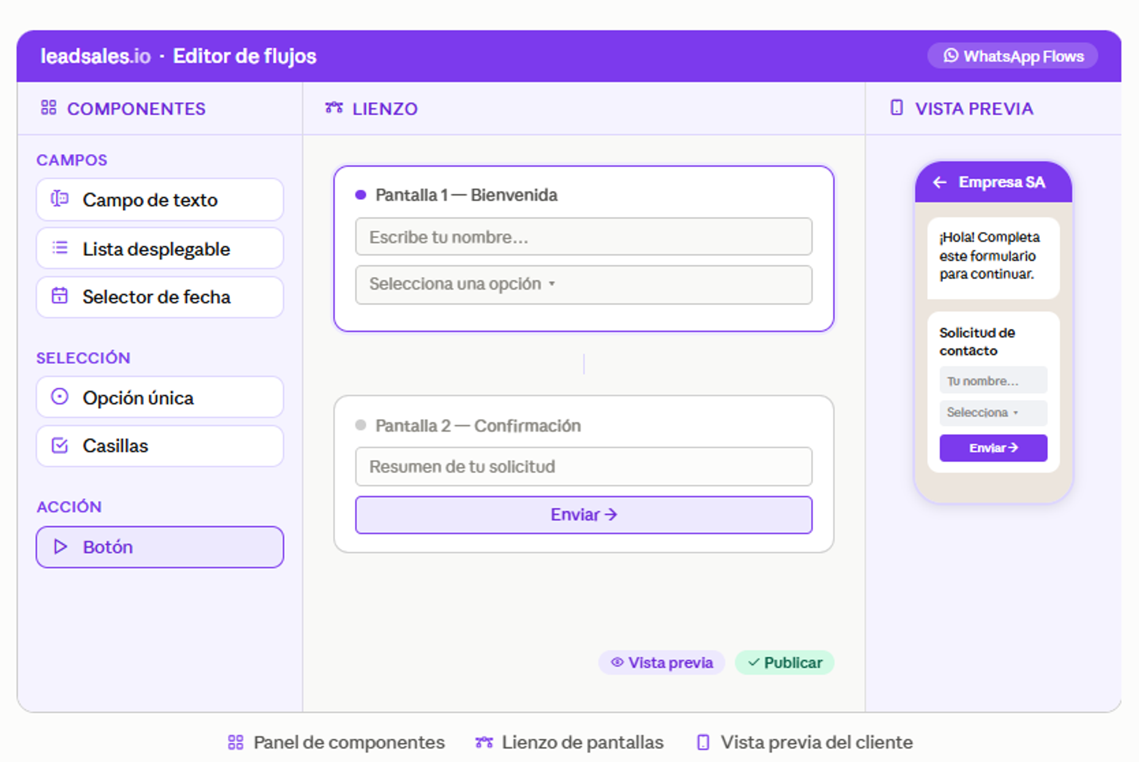 Editor visual para crear un flujo de WhatsApp paso a paso