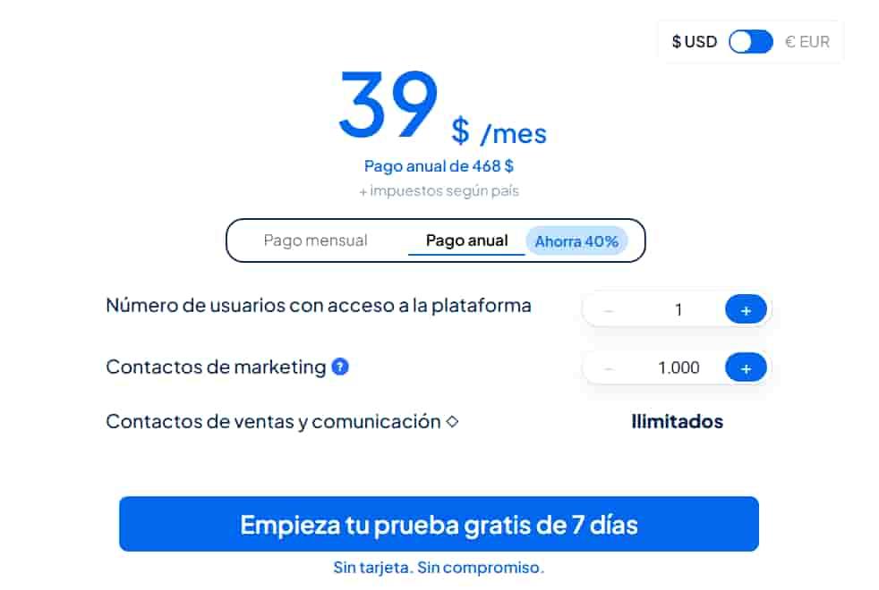 Página de precios de Clientify
