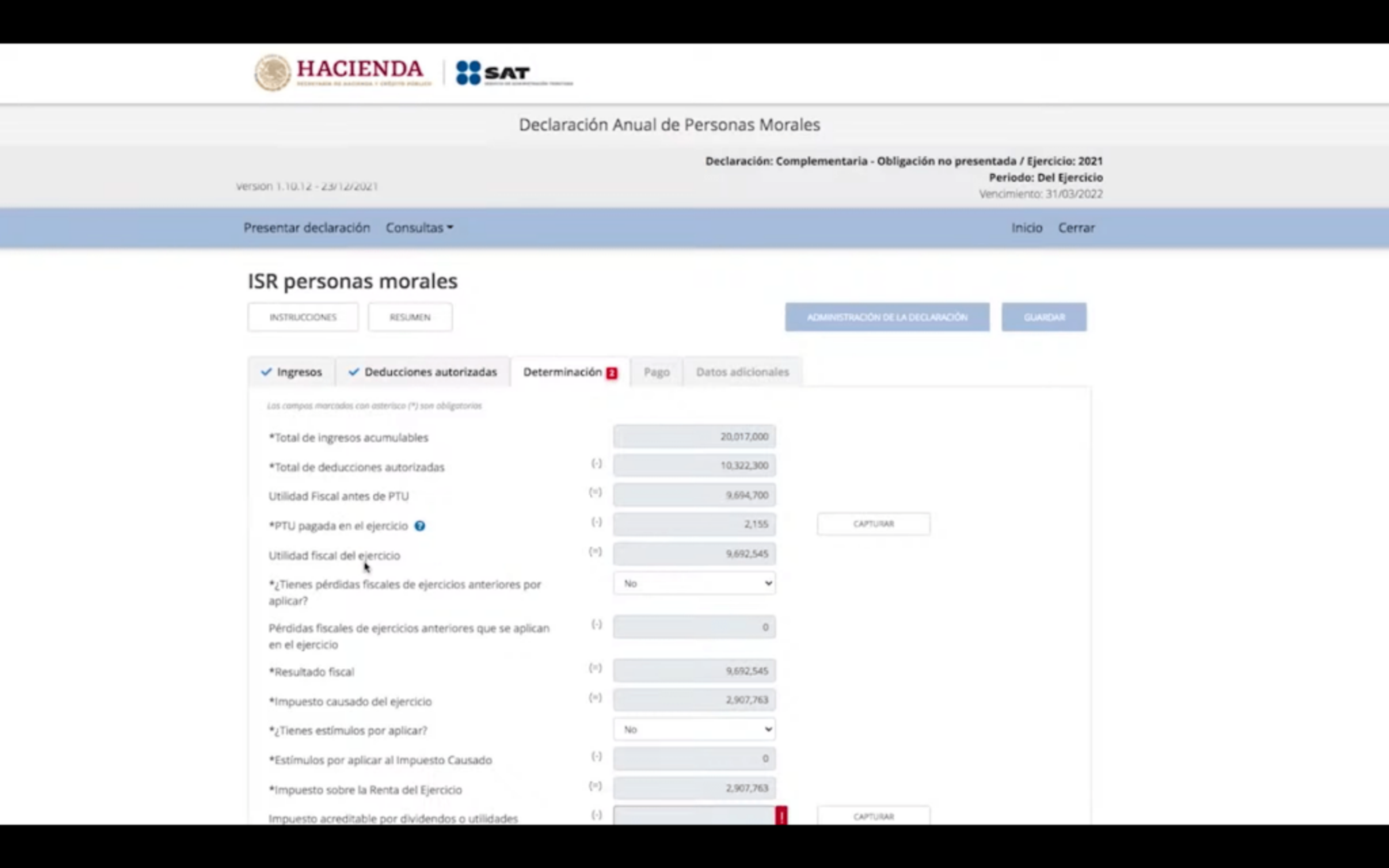 Datos desglosados de una declaración anual
