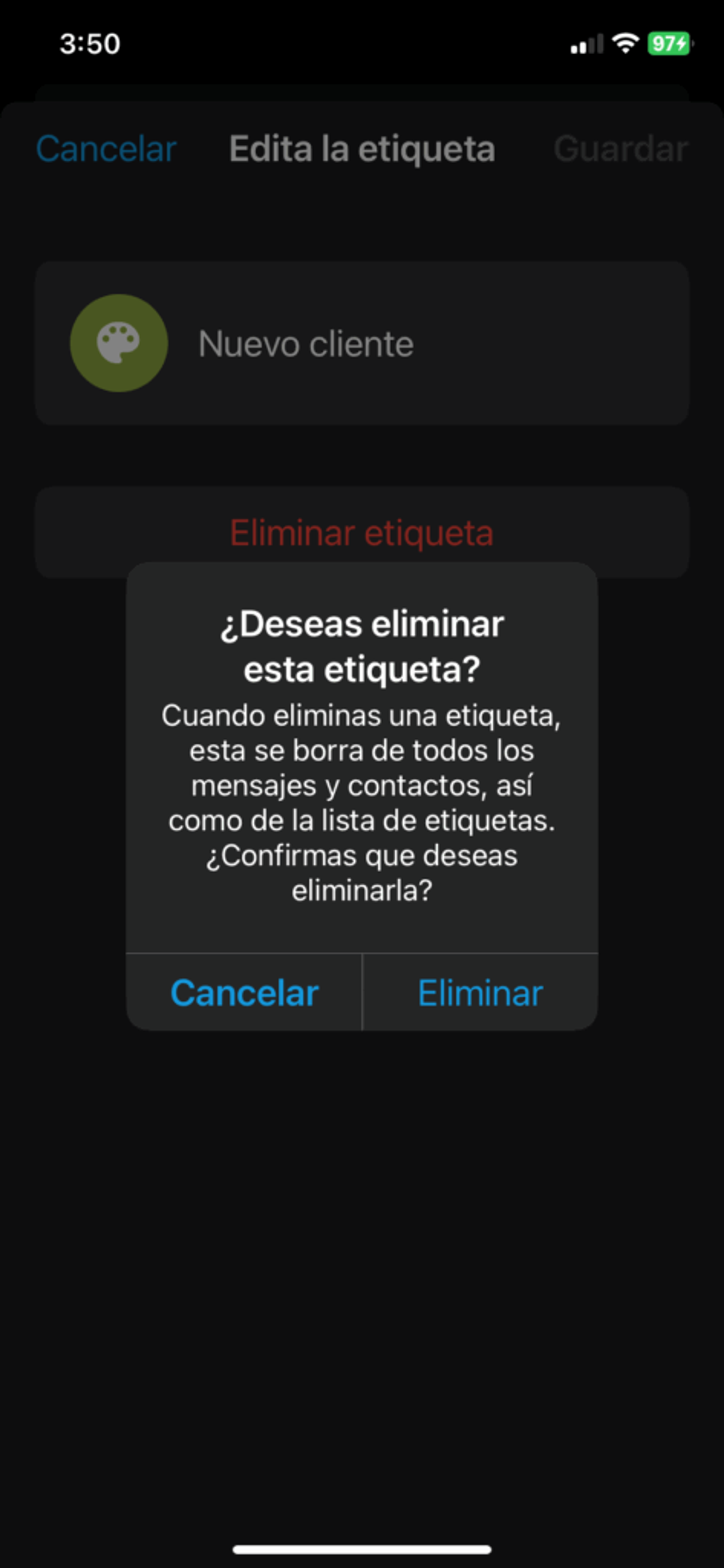 Pantalla para confirmar eliminación de etiqueta en WhatsApp Business