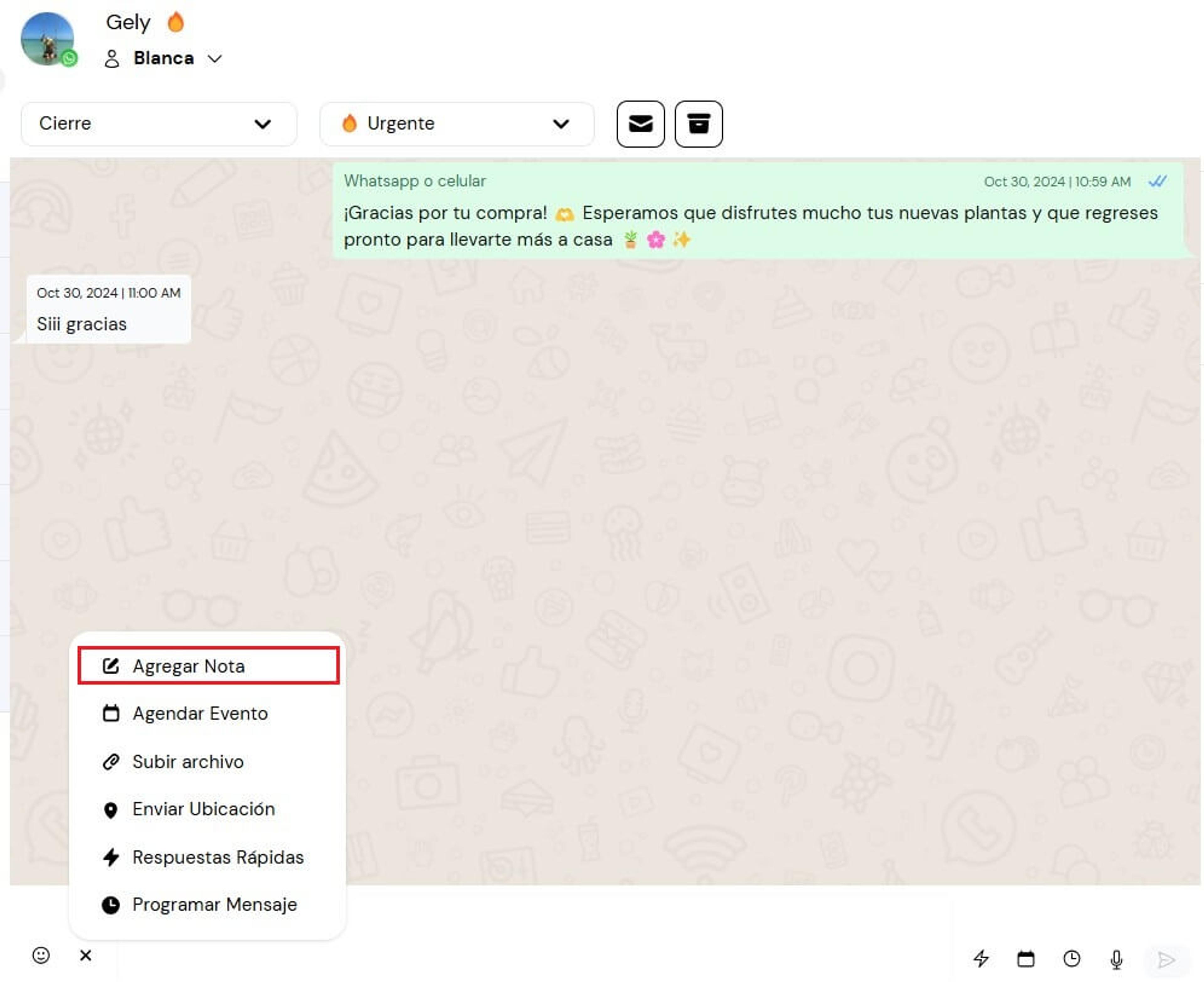 Notas internas en chat en Leadsales CRM