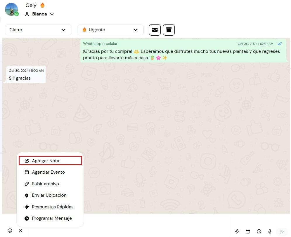 Notas internas en chat en Leadsales CRM