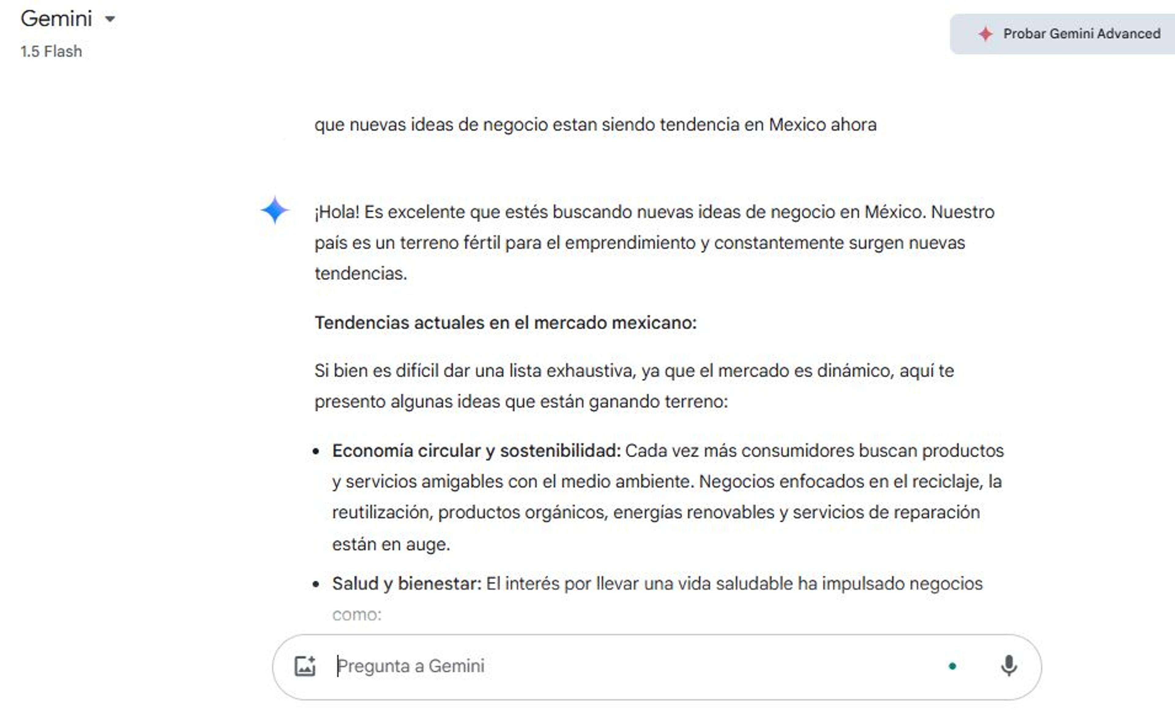 Pantalla de Google Gemini mostrando respuesta a un prompt sobre tendencias