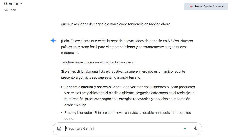 Pantalla de Google Gemini mostrando respuesta a un prompt sobre tendencias