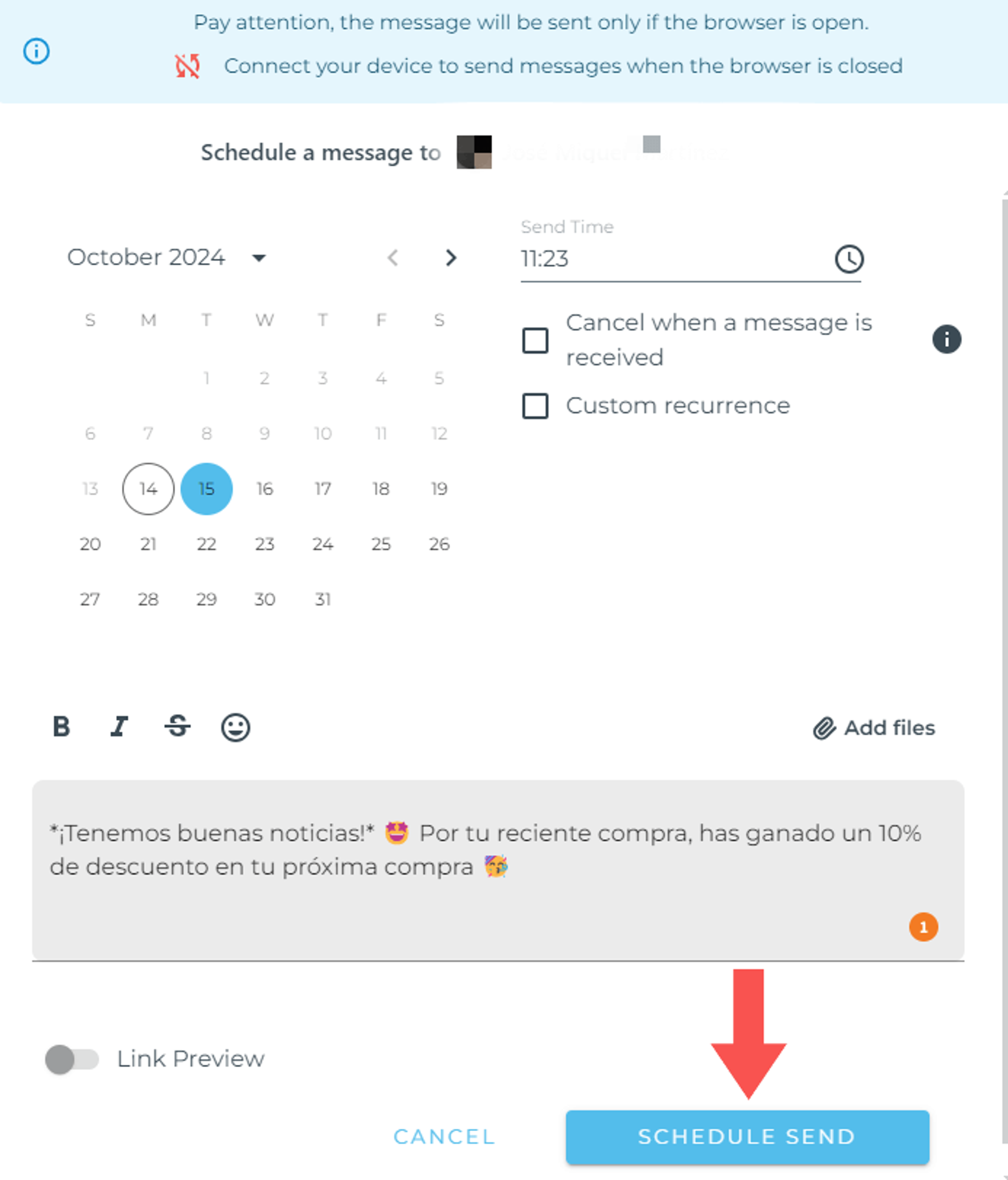 Calendario de Blueticks en WhatsApp Web con fecha, hora y texto del mensaje, y botón Schedule Send para programar el envío.