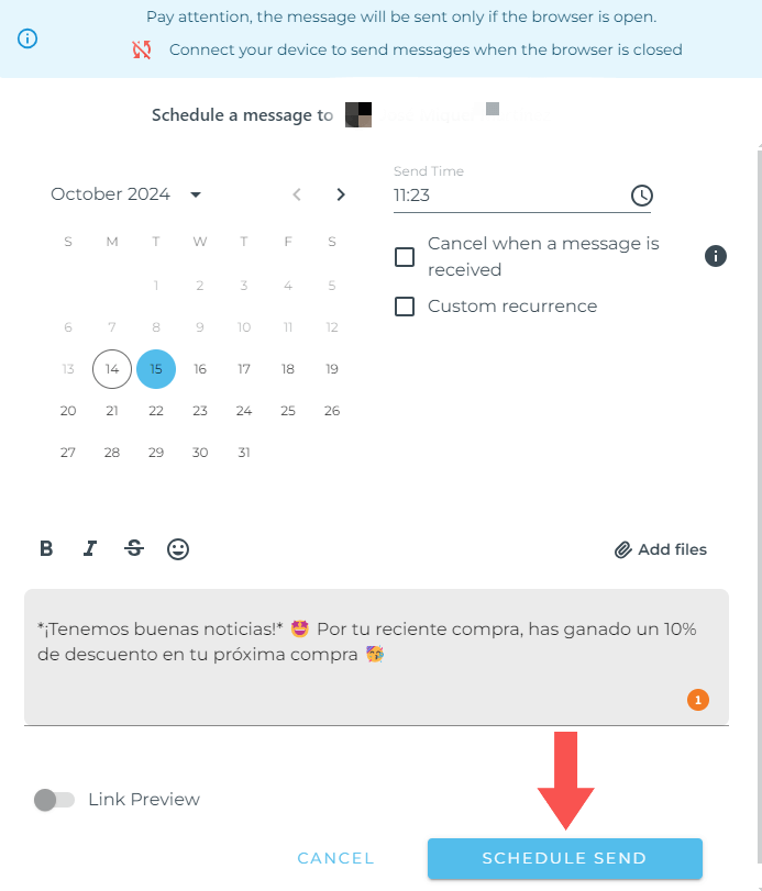 Calendario de Blueticks en WhatsApp Web con fecha, hora y texto del mensaje, y botón Schedule Send para programar el envío.