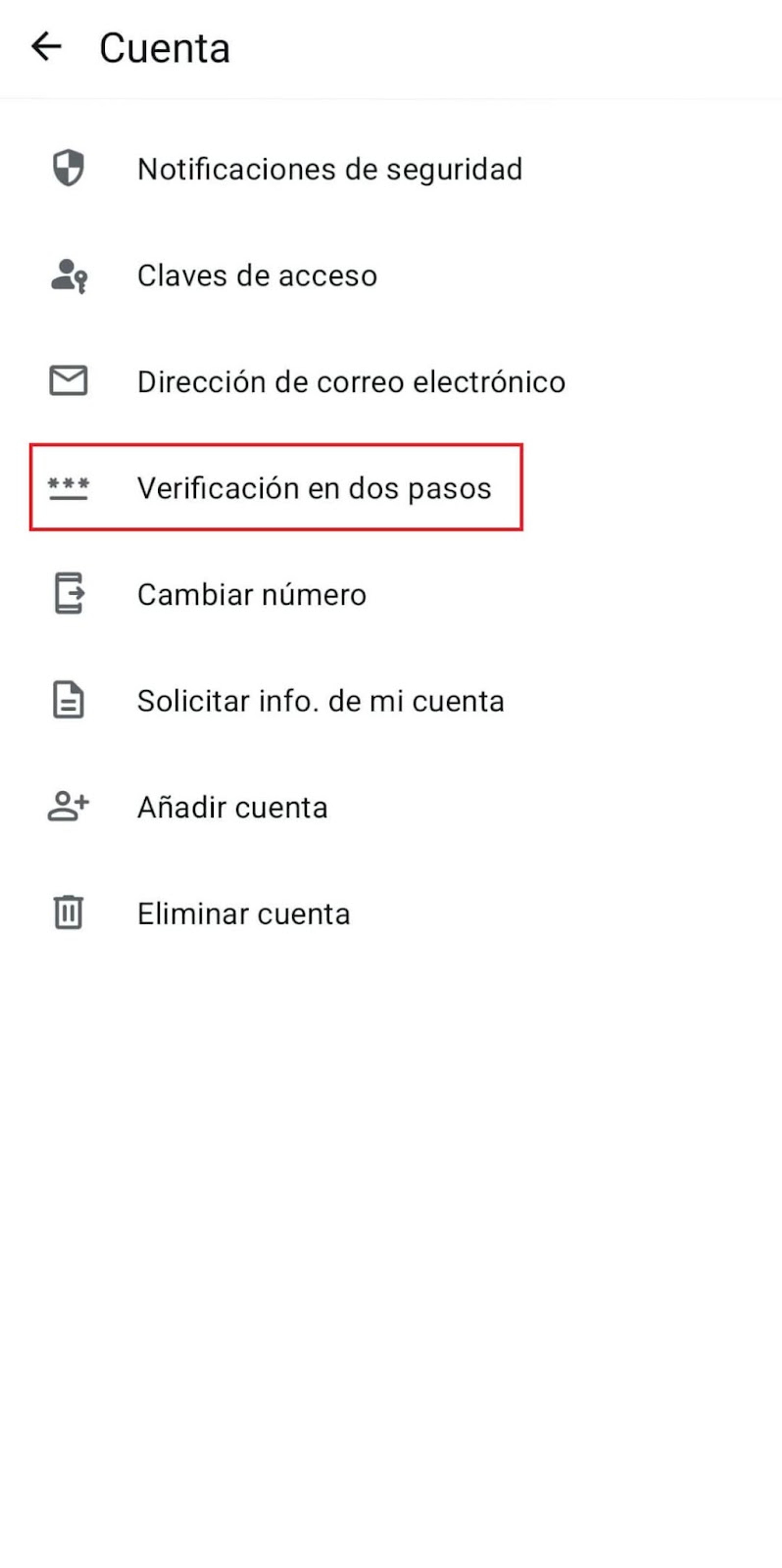 Pantalla de WhatsApp para activar verificación de dos pasos