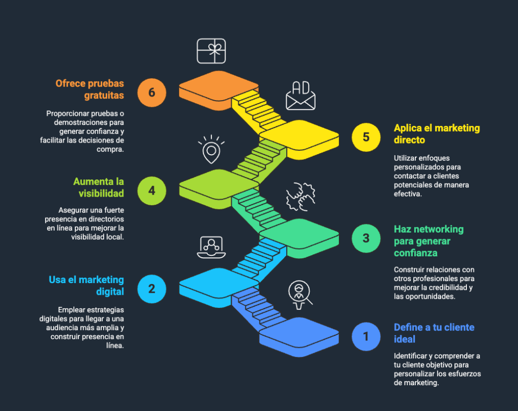 Diagrama que muestra seis pasos para conseguir clientes por internet: definir a tu cliente ideal, usar el marketing digital, hacer networking para generar confianza, aumentar la visibilidad, aplicar el marketing directo y ofrecer pruebas gratuitas