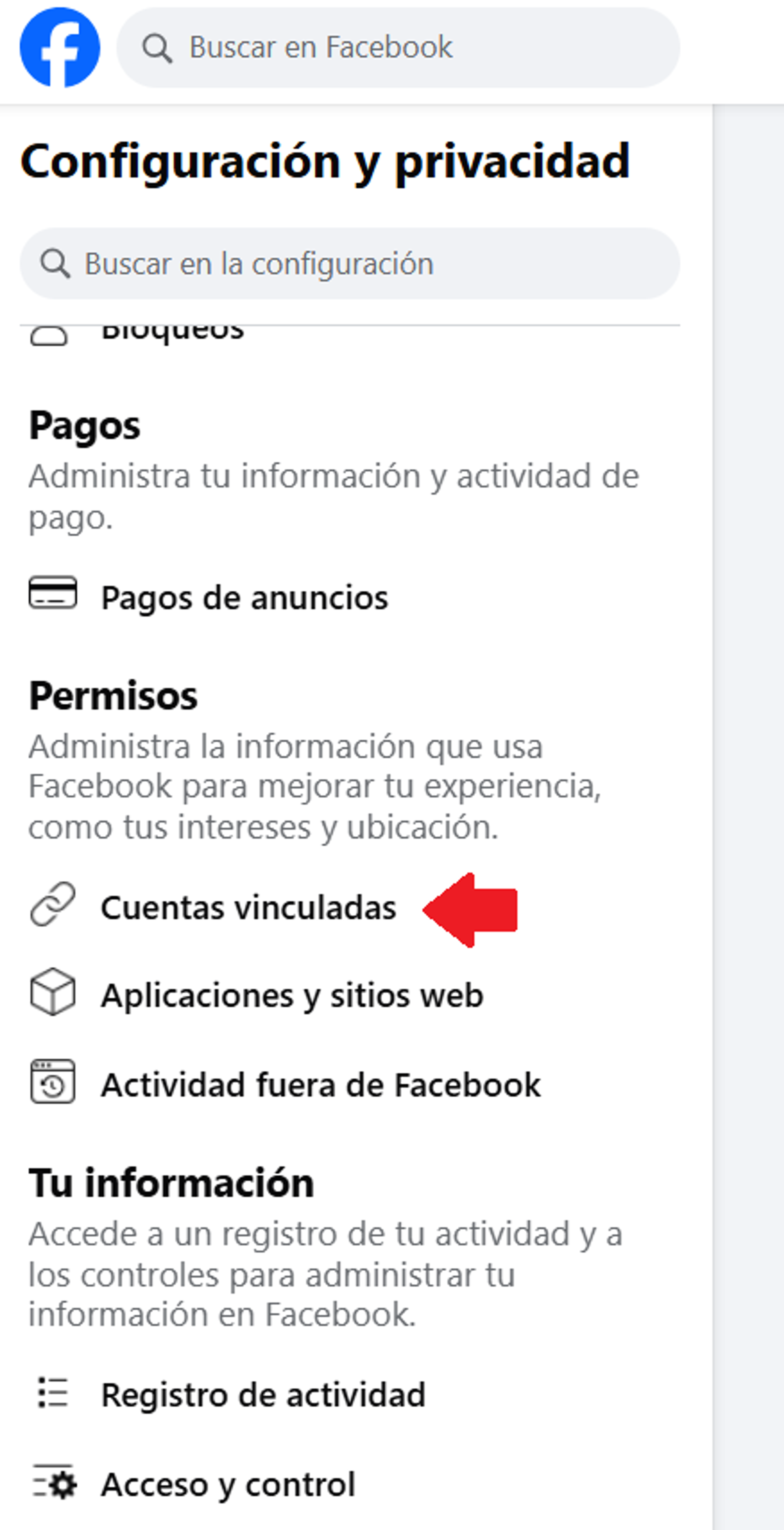 Pantalla para vincular cuenta de Instagram a Facebook