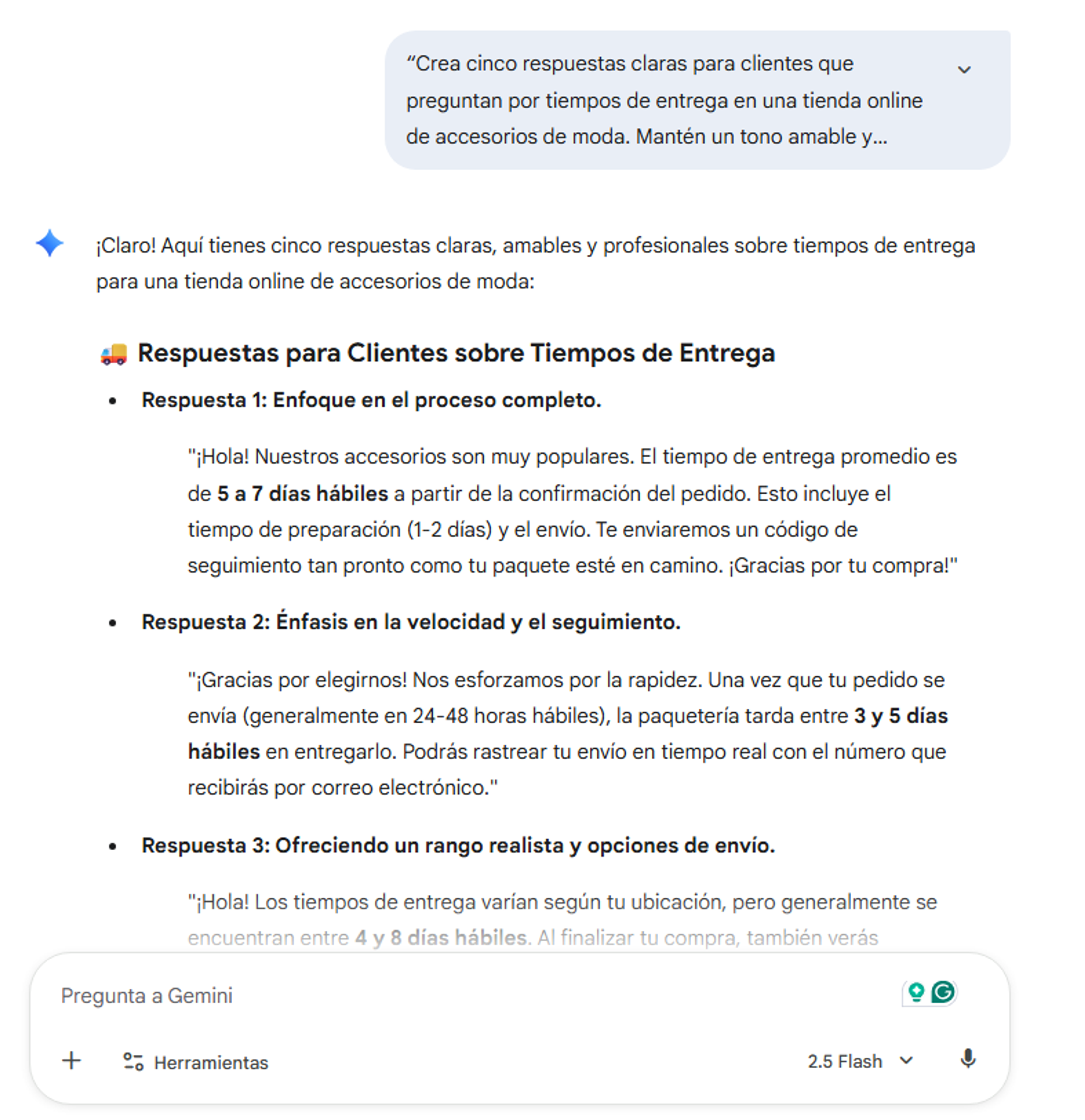 Ejemplo de prompt en Gemini para seguimiento de pedidos