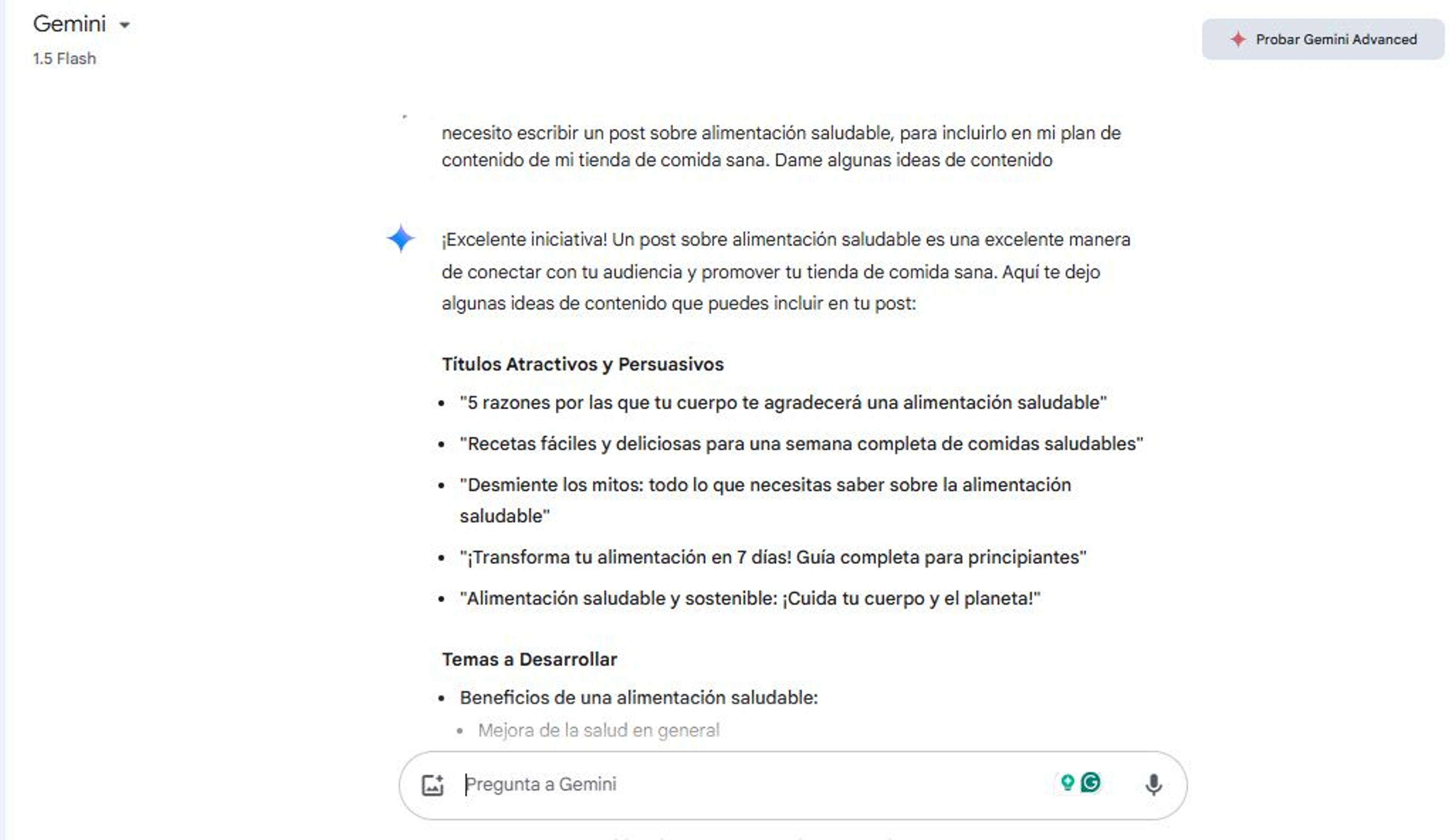Pantalla de Google Gemini mostrando respuesta a un prompt sobre ideas de contenido para un post