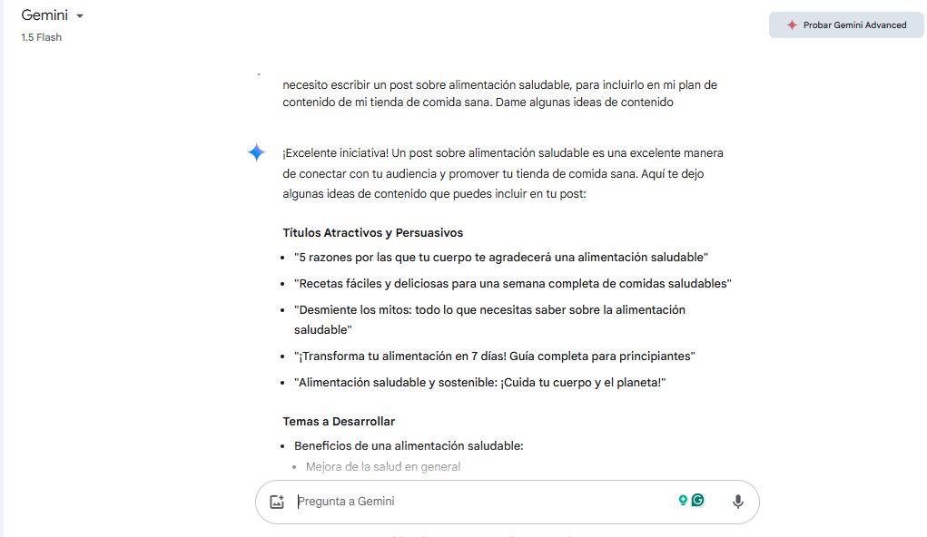 Pantalla de Google Gemini mostrando respuesta a un prompt sobre ideas de contenido para un post