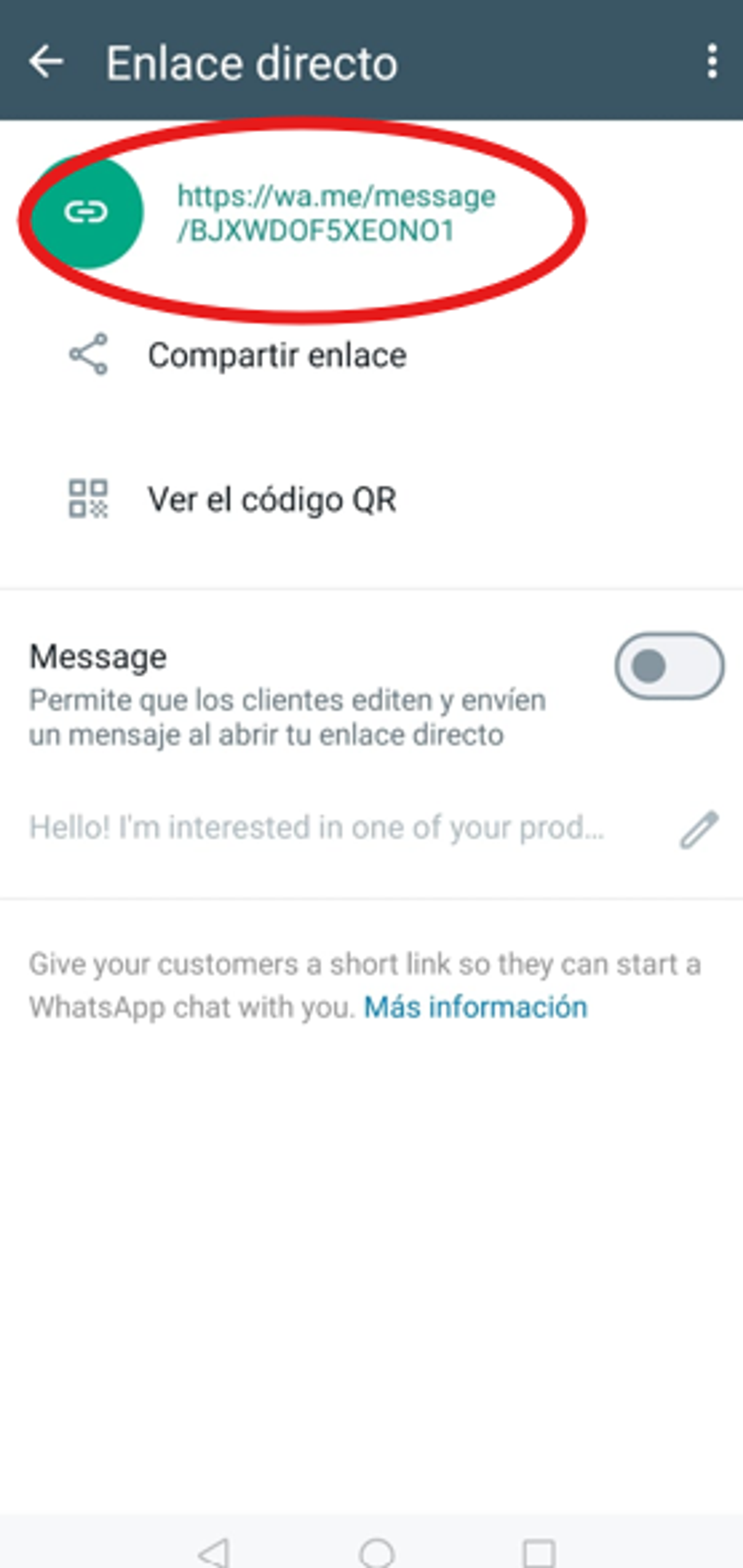 Pantalla de WhatsApp Business para crear enlace directo