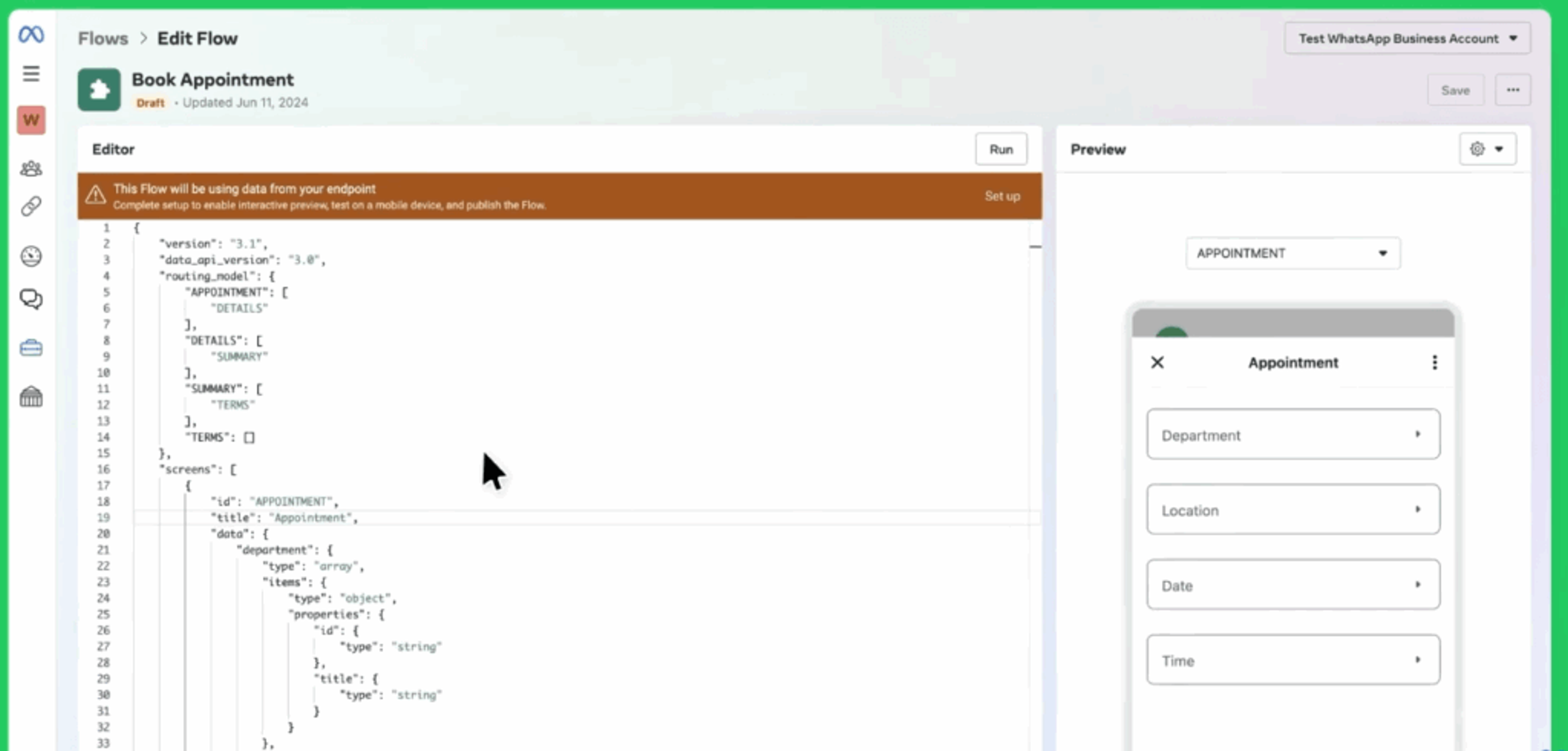 Panel de creación de formulario con WhatsApp Flows desde Meta
