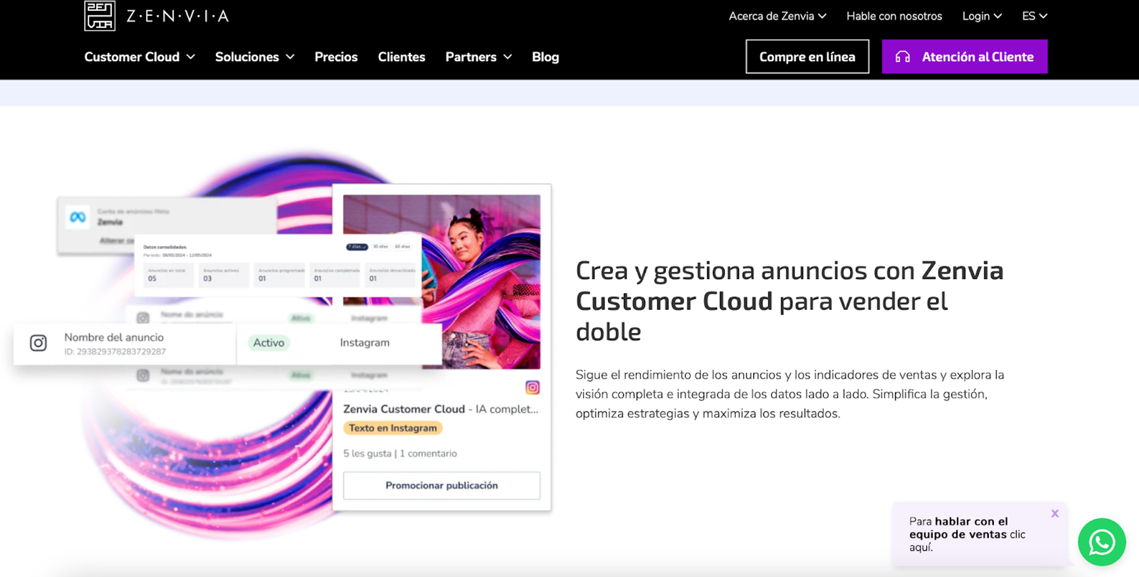 Captura de pantalla de la página de inicio de Zenvia Customer Cloud, mostrando el panel de gestión de anuncios de Instagram con estadísticas de rendimiento"