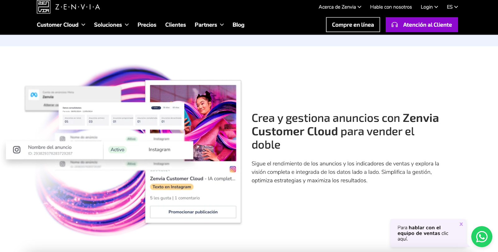 Captura de pantalla de la página de inicio de Zenvia Customer Cloud, mostrando el panel de gestión de anuncios de Instagram con estadísticas de rendimiento"