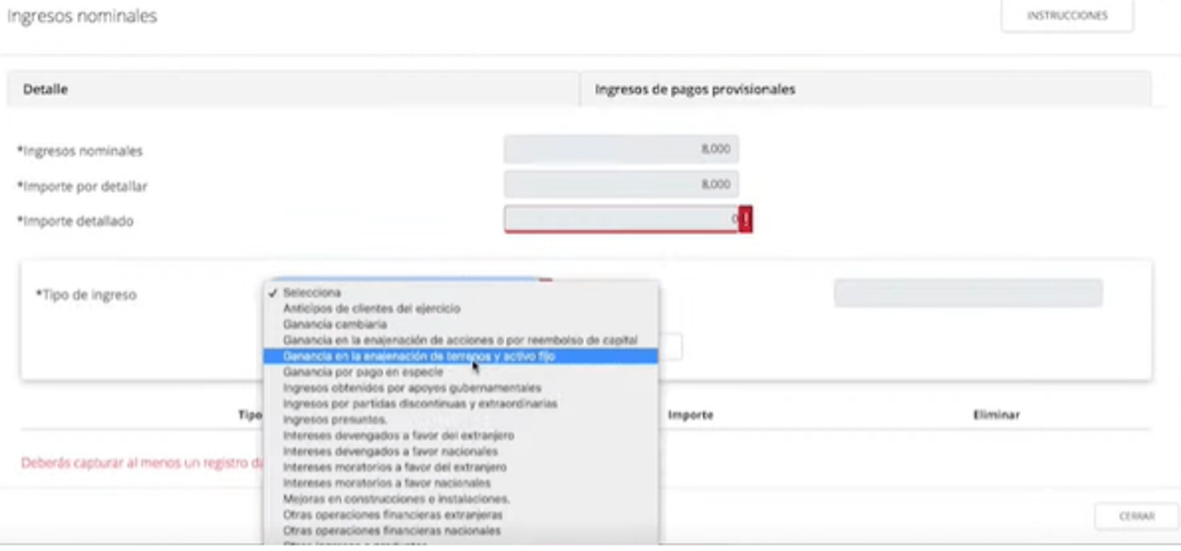 tipos de ingreso a registrar en SAT