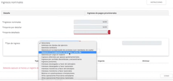 tipos de ingreso a registrar en SAT