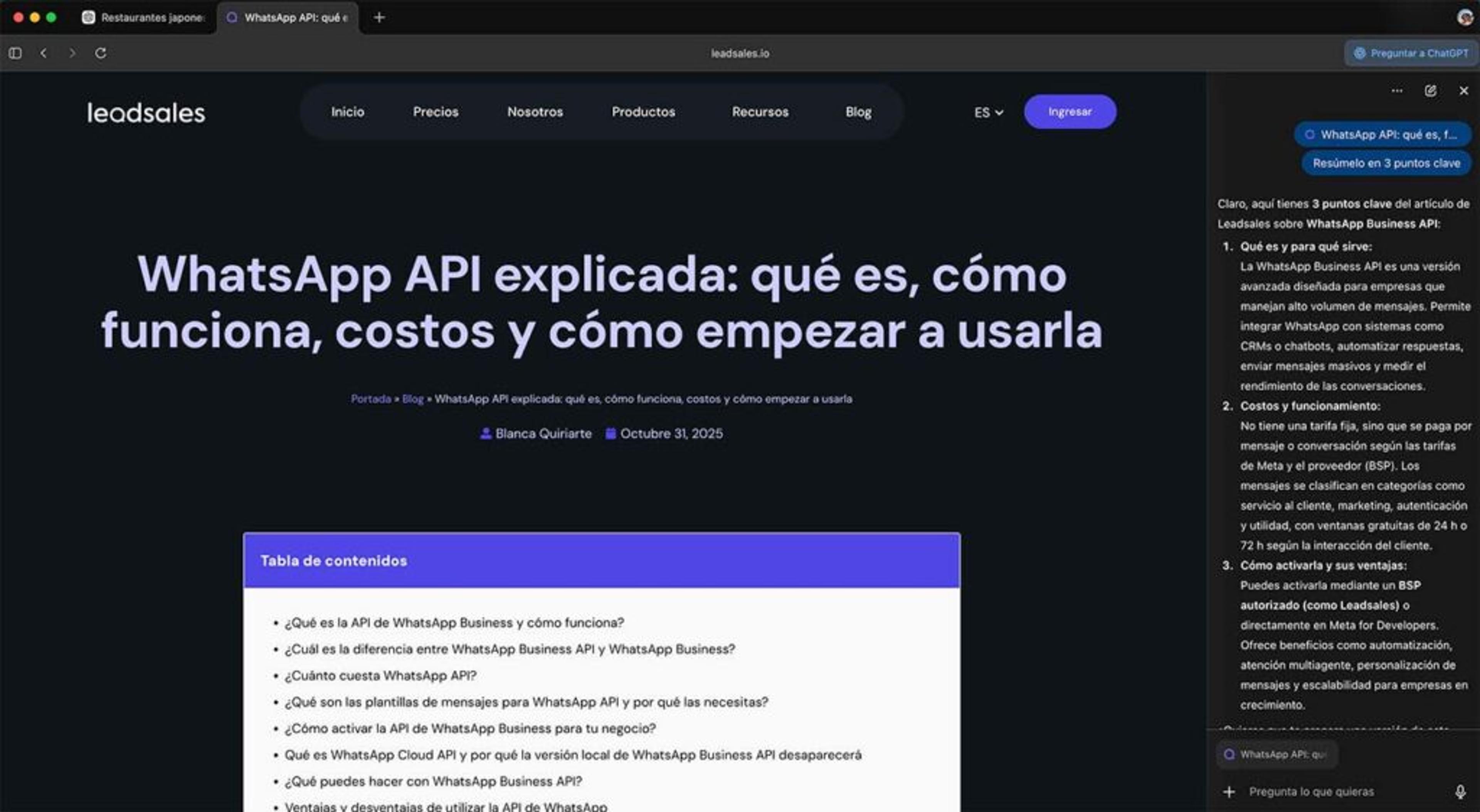 Captura de pantalla que muestra cómo aprovechar la barra lateral de ChatGPT al usar Atlas GPT