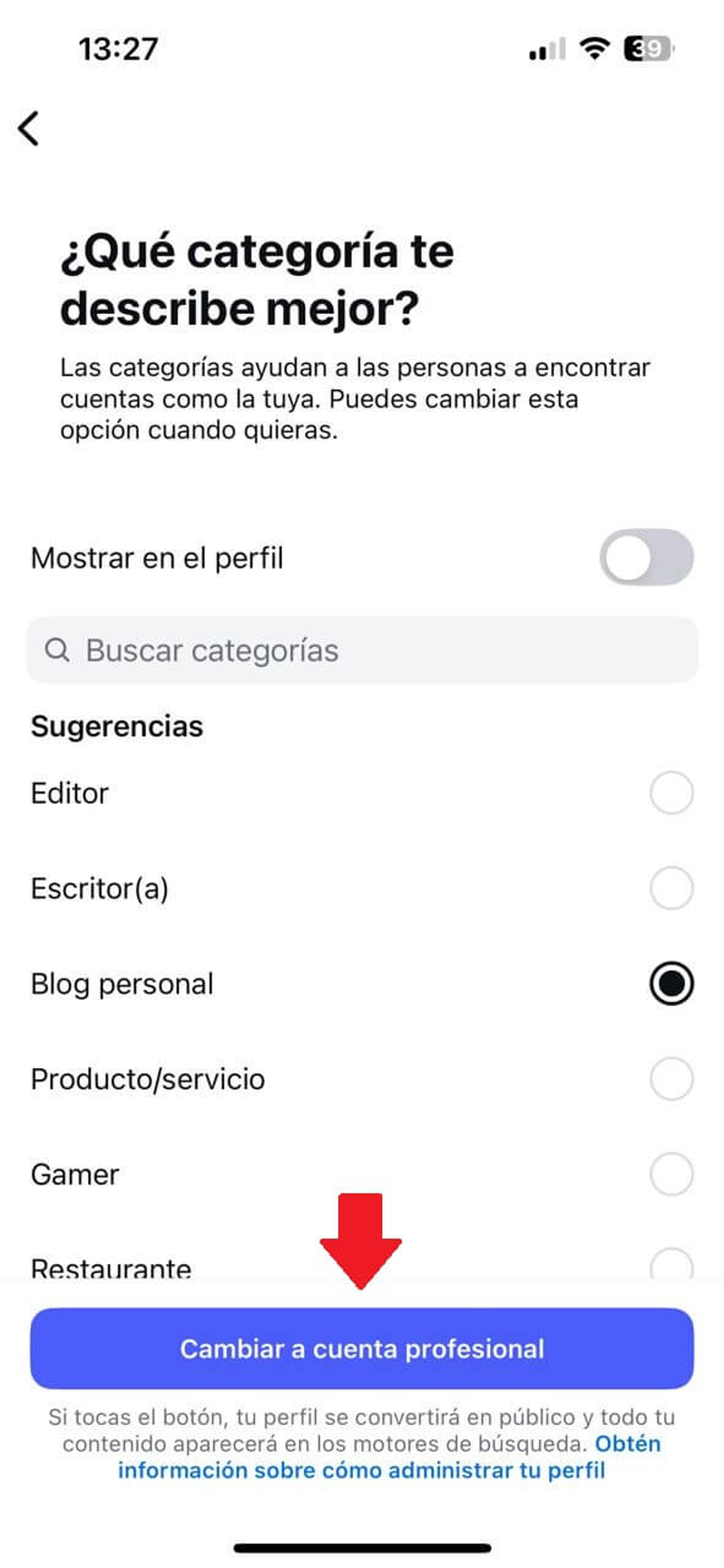 Pantalla para cambiar tipo de cuenta de Instagram