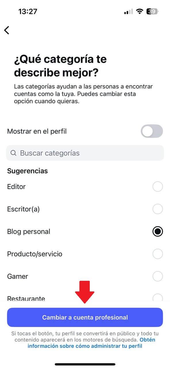Pantalla para cambiar tipo de cuenta de Instagram