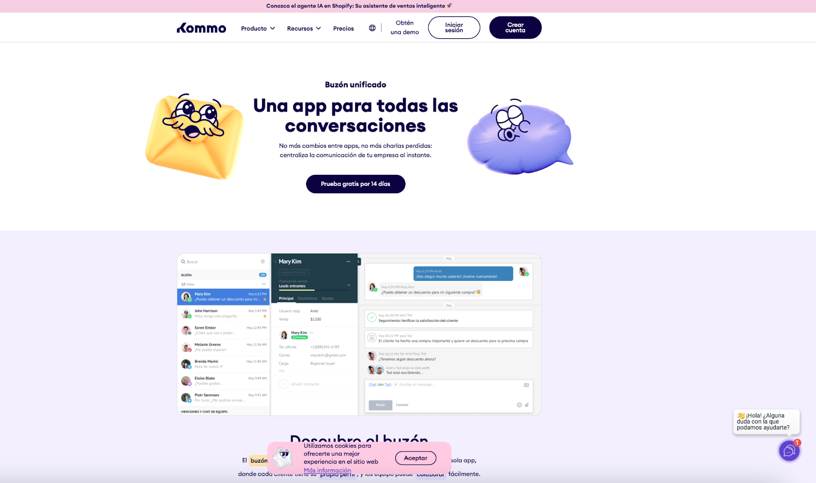 Alternativas a Whaticket KommoCaptura de pantalla del buzón unificado de Kommo, mostrando la lista de conversaciones, el perfil de un contacto y un chat activo con el equipo.