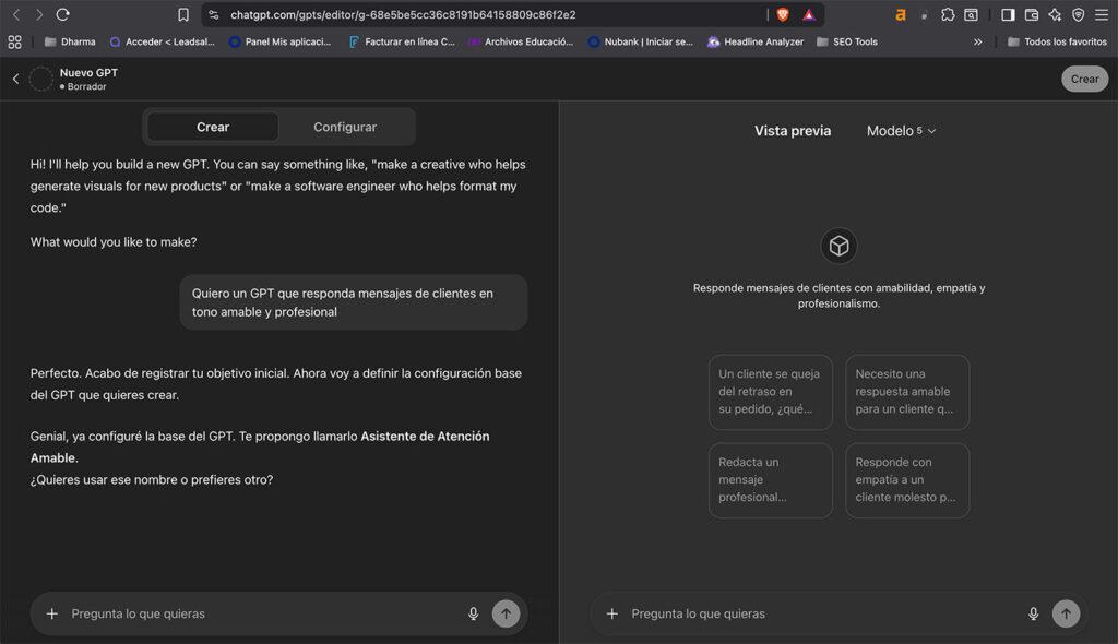 captura de pantalla del segundo paso en el creador de gpt de chatgpt: describir lo que necesitas que haga tu gpt