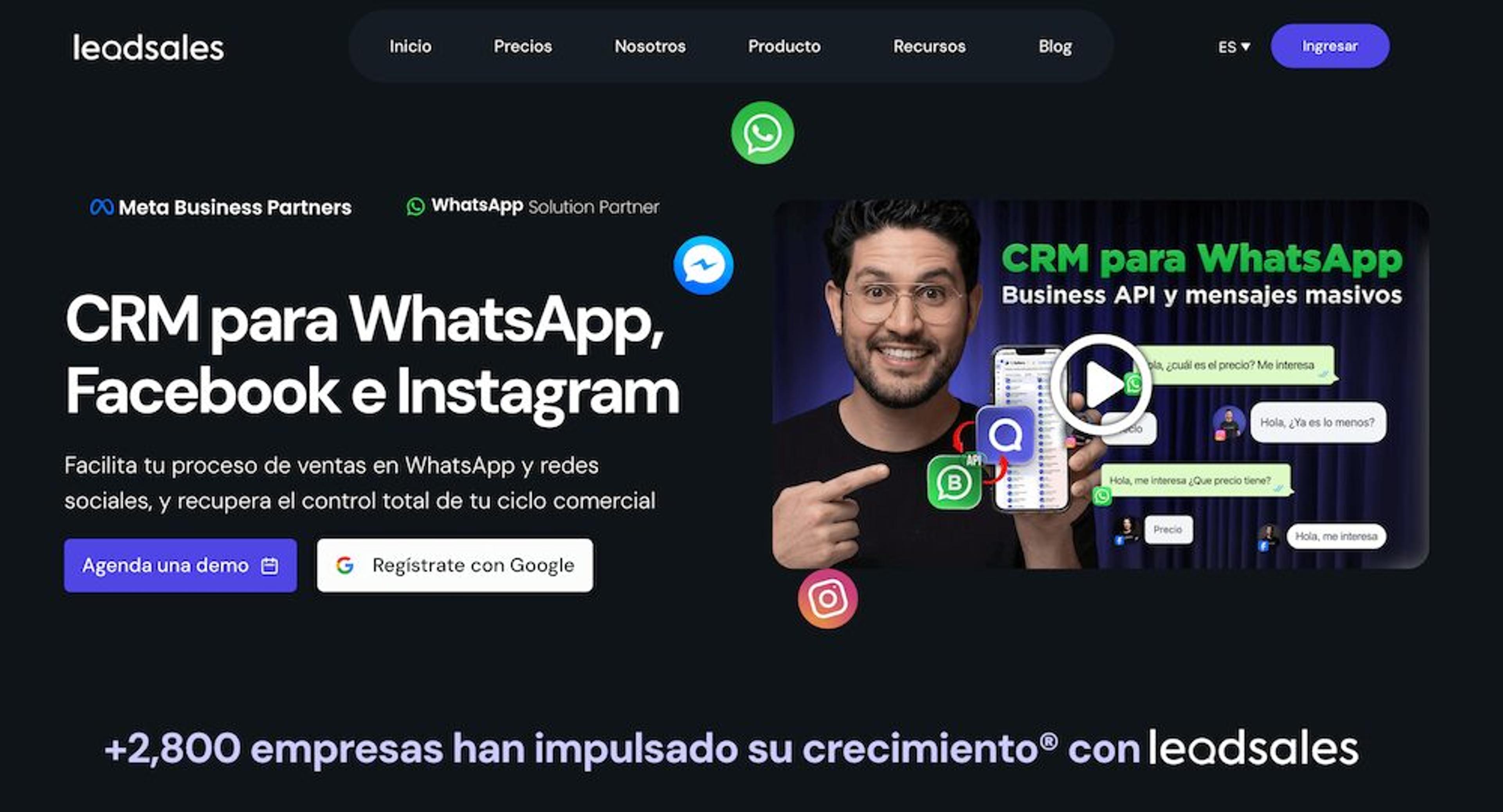 Página de inicio de Leadsales, CRM para WhatsApp, Facebook e Instagram con automatización y mensajes masivos