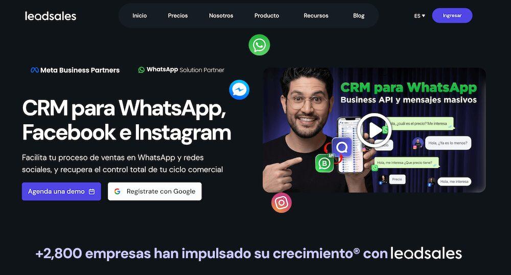 Página de inicio de Leadsales, CRM para WhatsApp, Facebook e Instagram con automatización y mensajes masivos