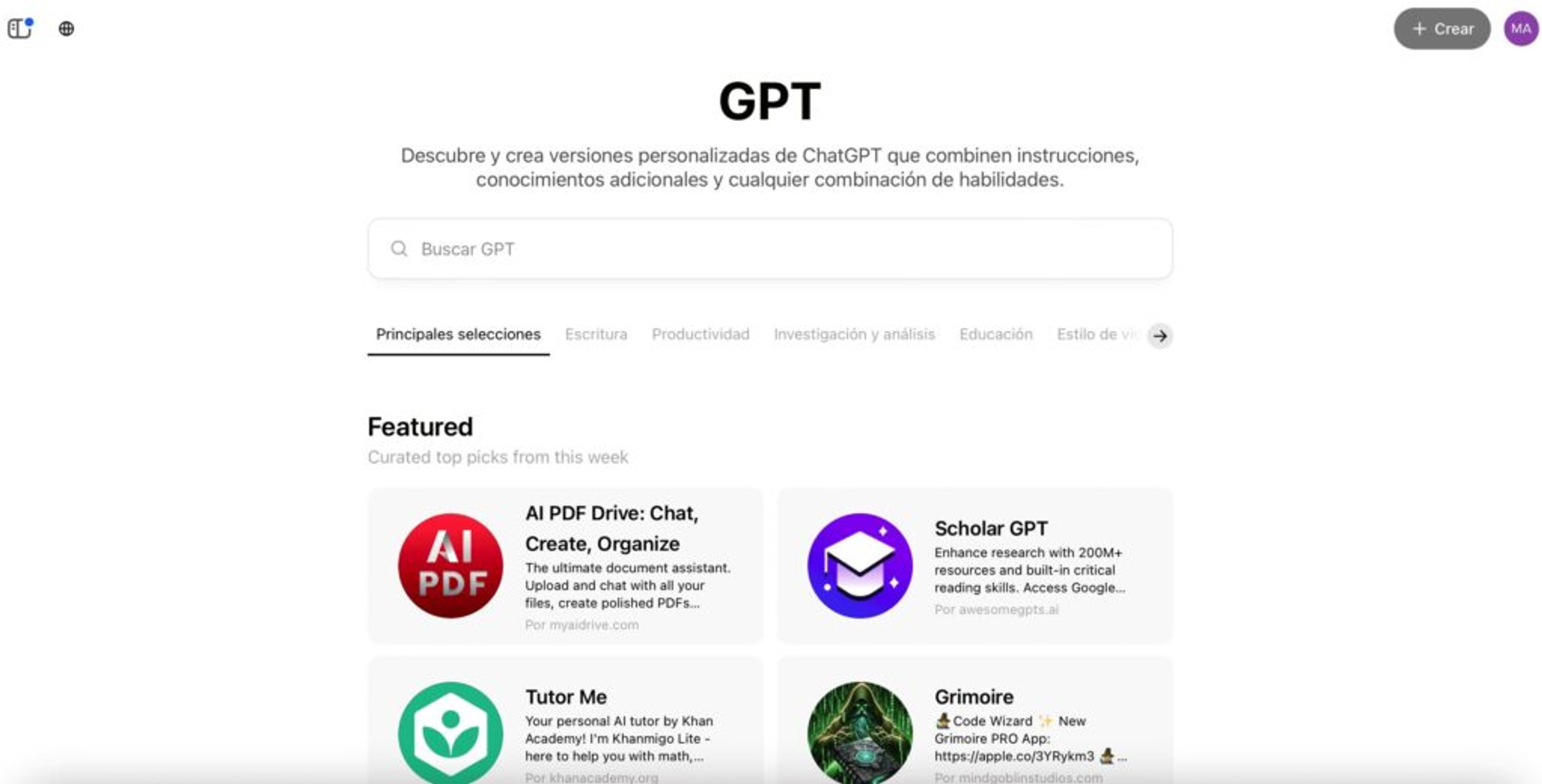 Pantalla de ChatGPT mostrando GPT’s