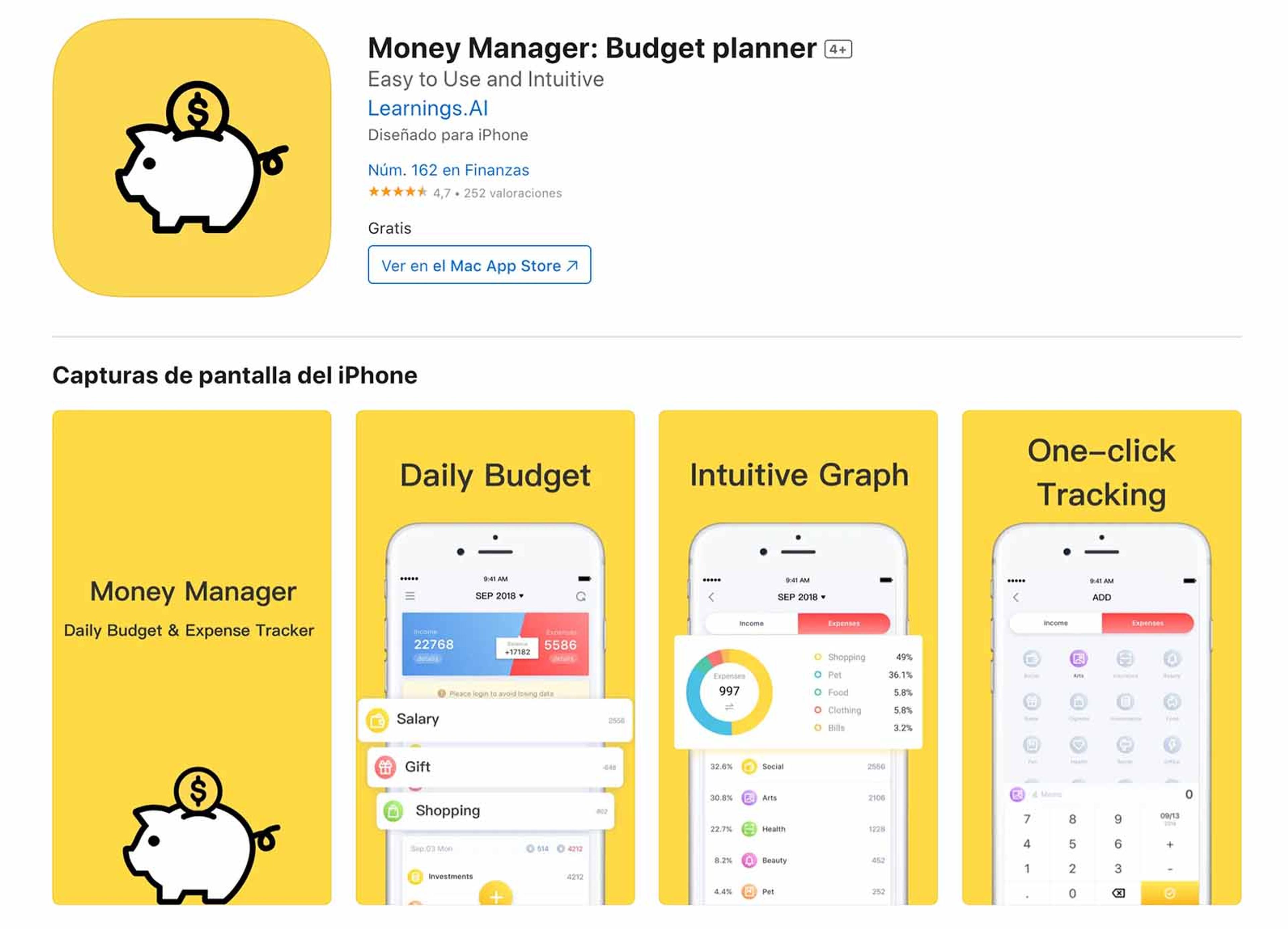 Captura de pantalla de la App Store de iOS mostrando la app Money Manager: Budget Planner