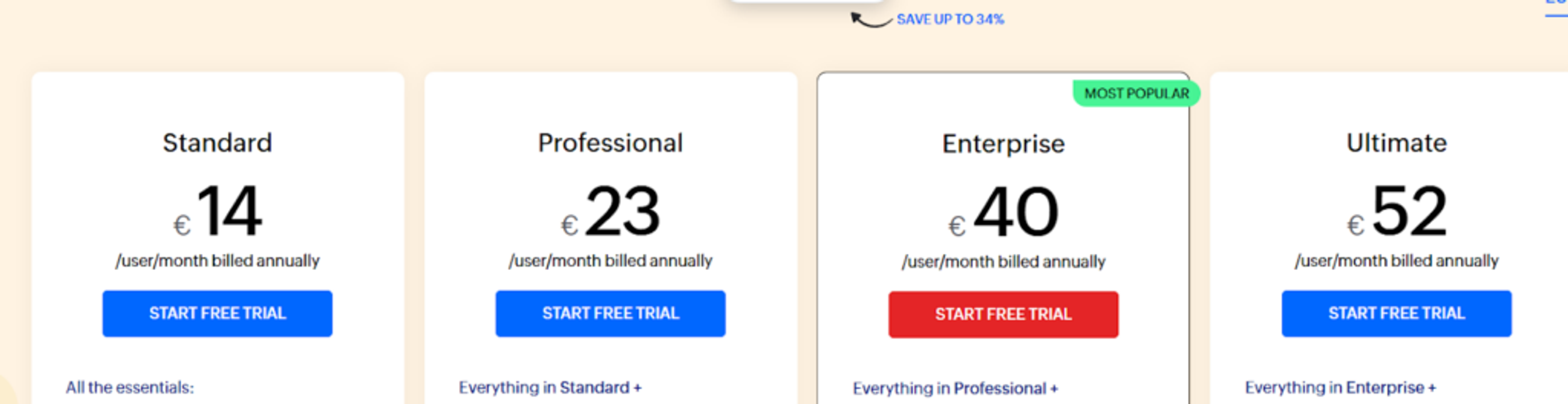 Zoho CRM Pricing Screen