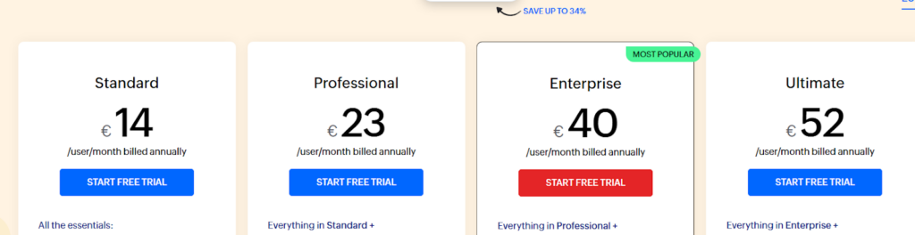 Zoho CRM Pricing Screen