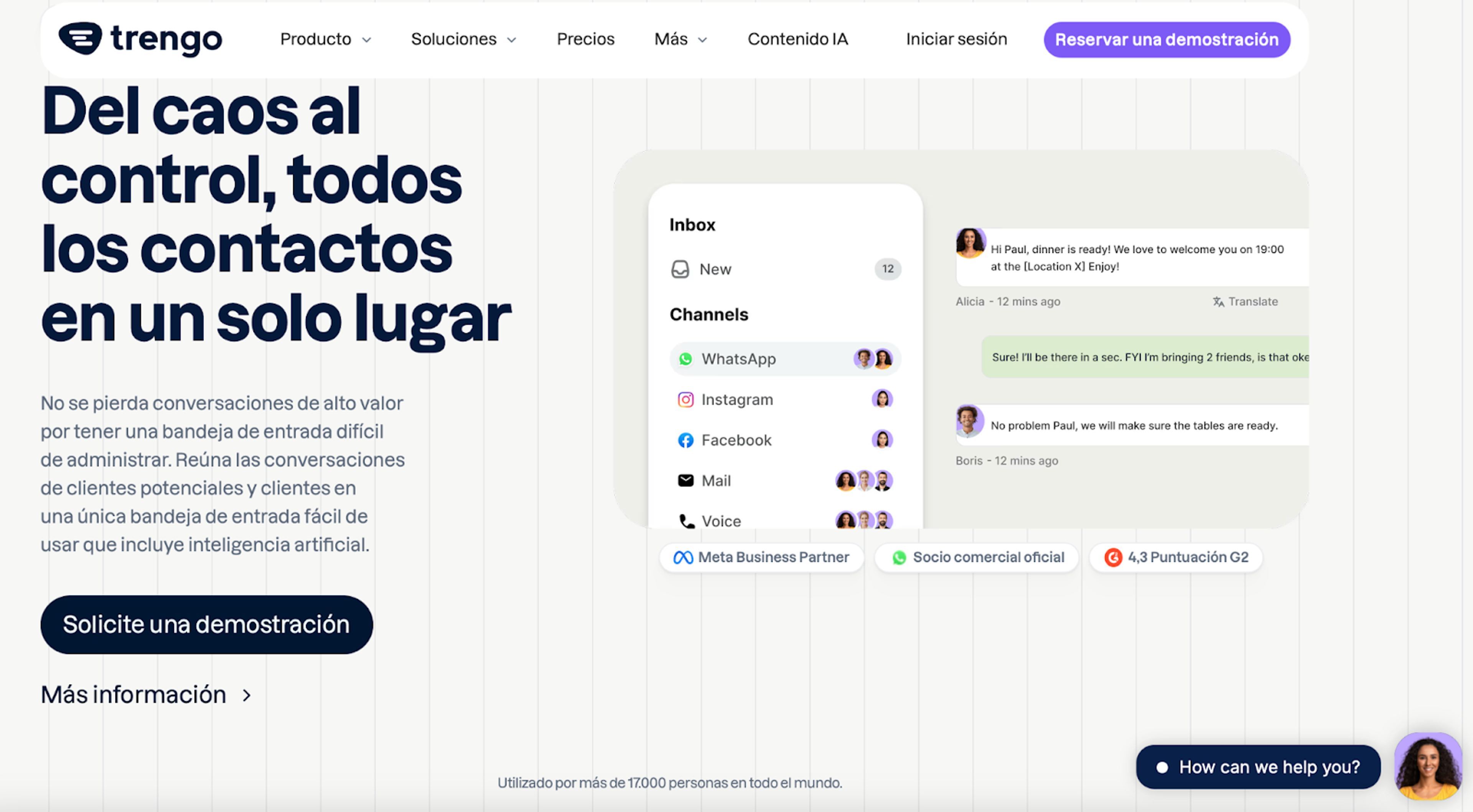 Captura de pantalla de la página de inicio de Trengo, mostrando la bandeja de entrada unificada con canales de WhatsApp, Instagram, Facebook, correo y voz.